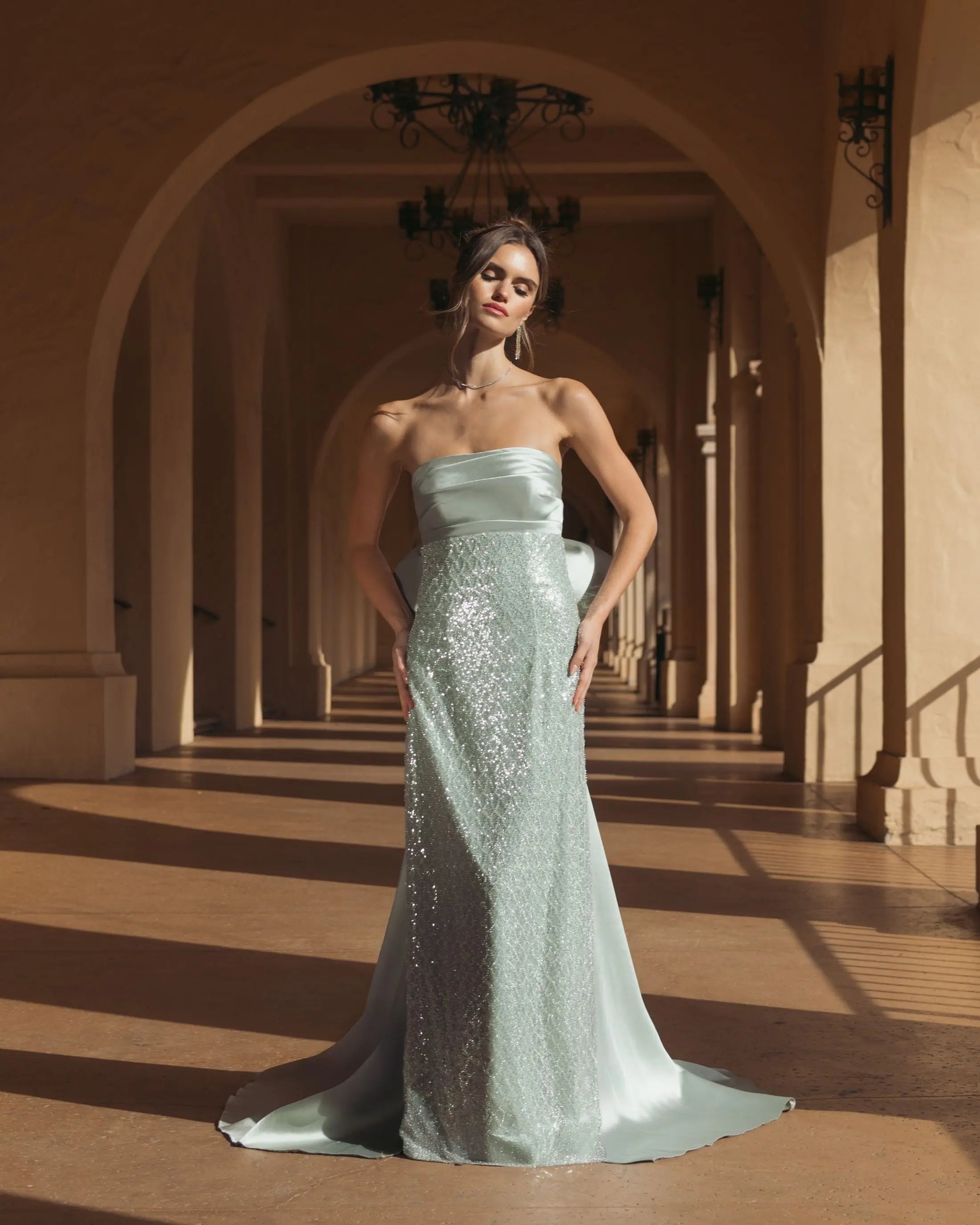 Green Strapless Embellished Gown With Back Bow Detail