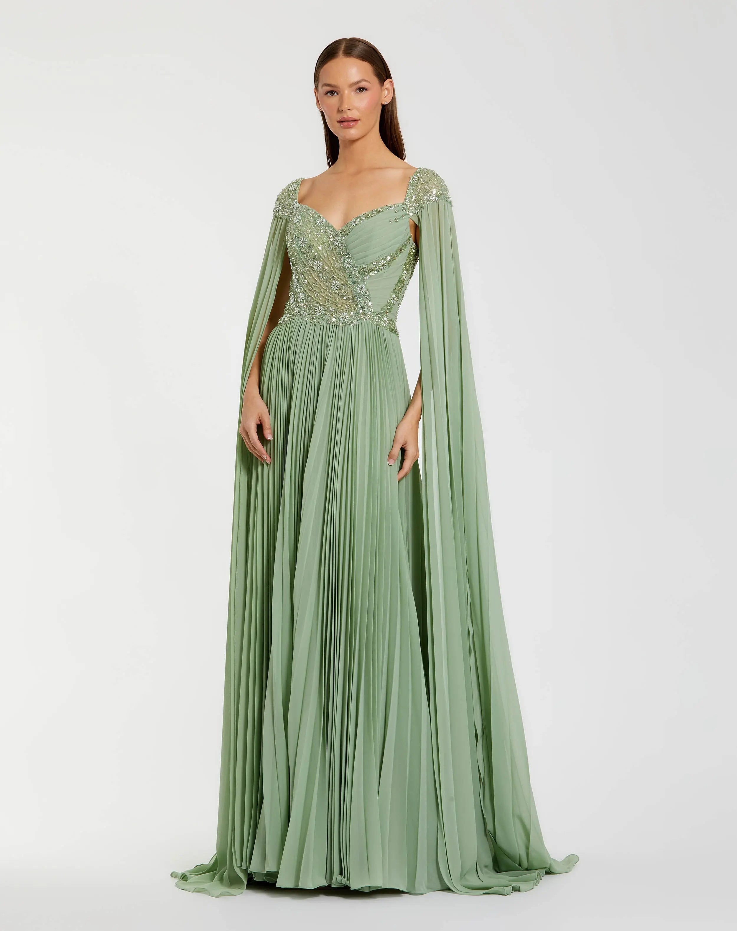 Green Embellished Chiffon Cape Sleeve A Line Gown