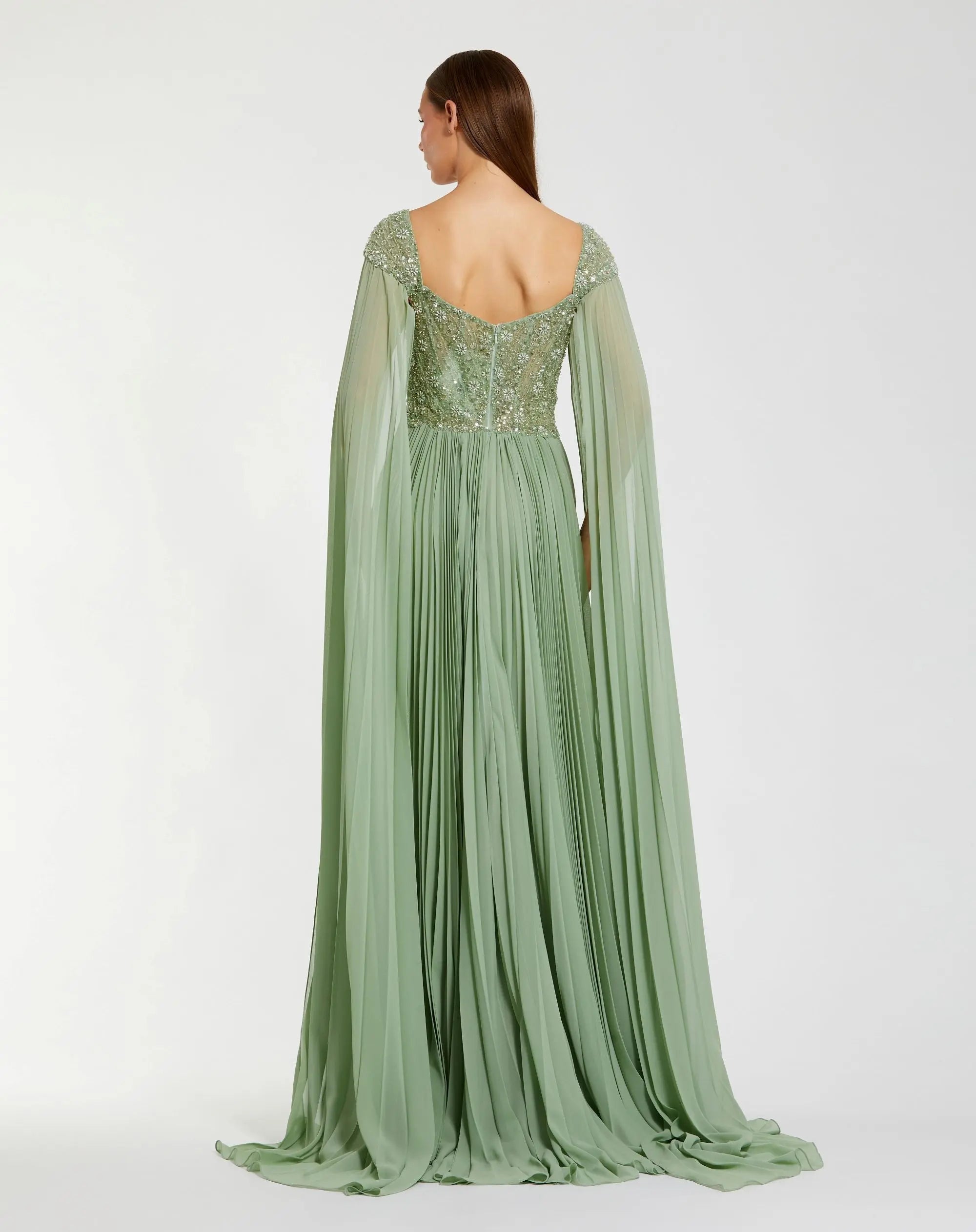 Green Embellished Chiffon Cape Sleeve A Line Gown