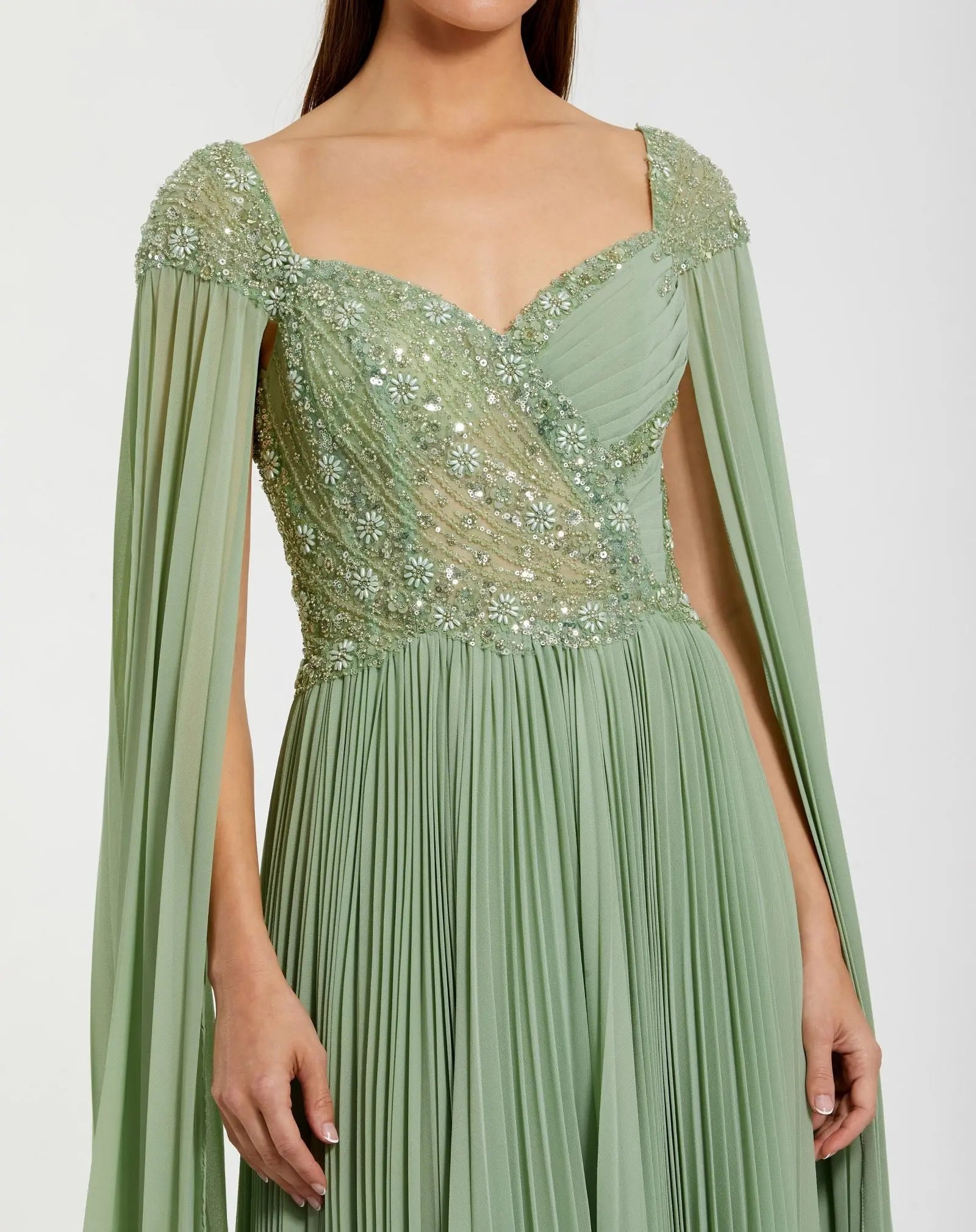 Green Embellished Chiffon Cape Sleeve A Line Gown