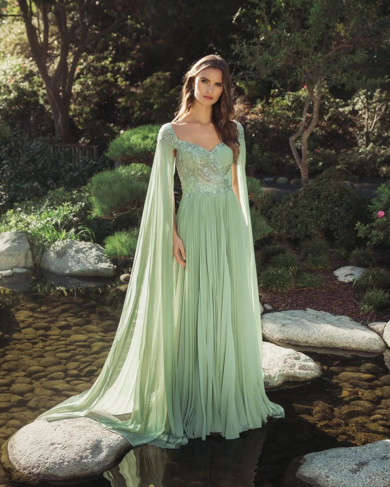 Green Embellished Chiffon Cape Sleeve A Line Gown