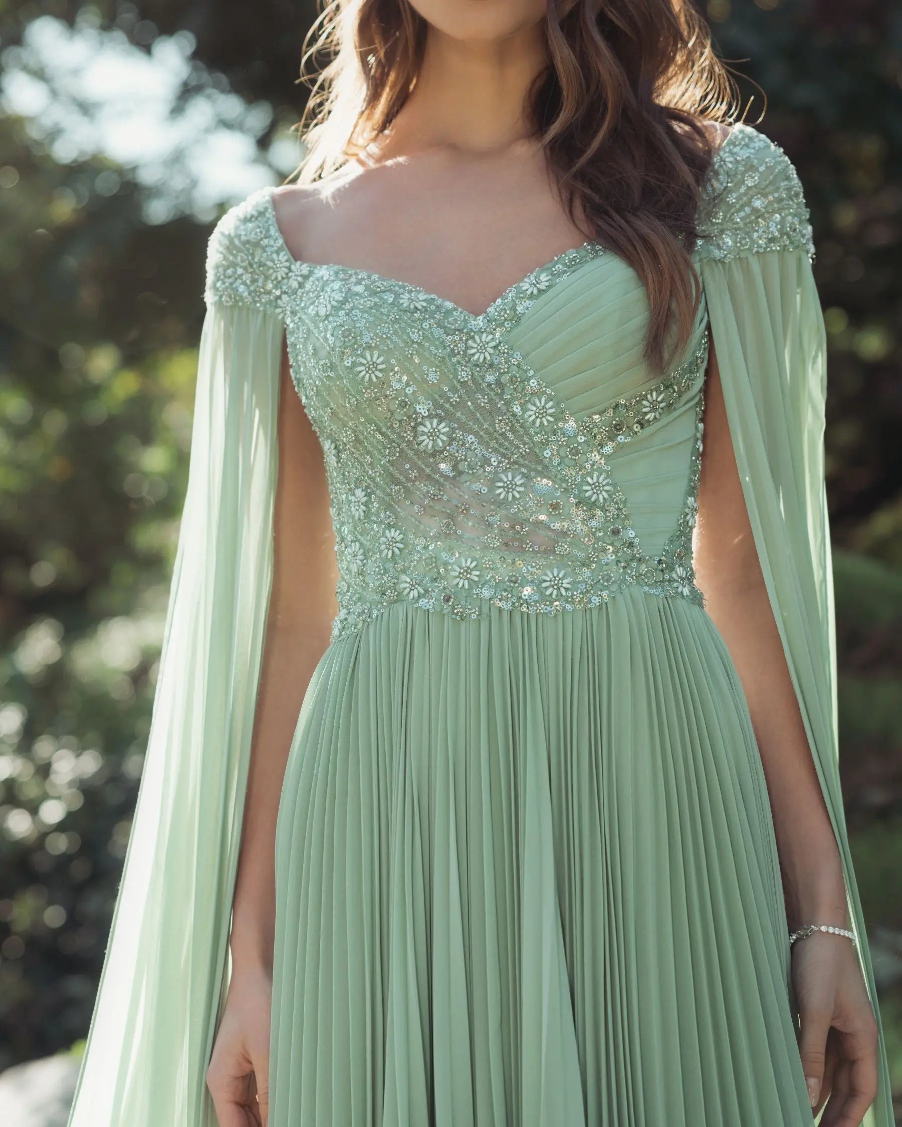 Green Embellished Chiffon Cape Sleeve A Line Gown