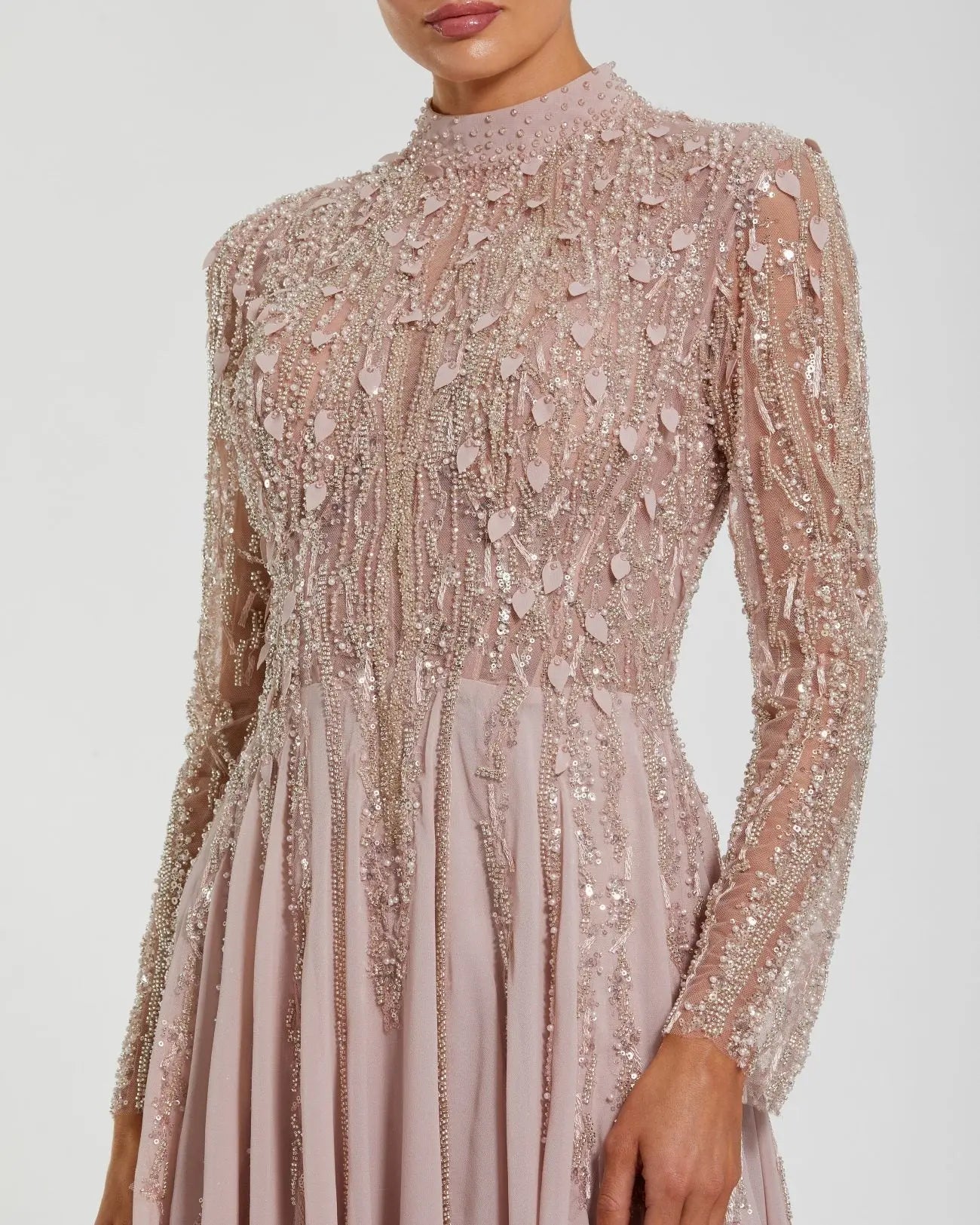 Light Purple Embellished Long Sleeve Gown with Slit