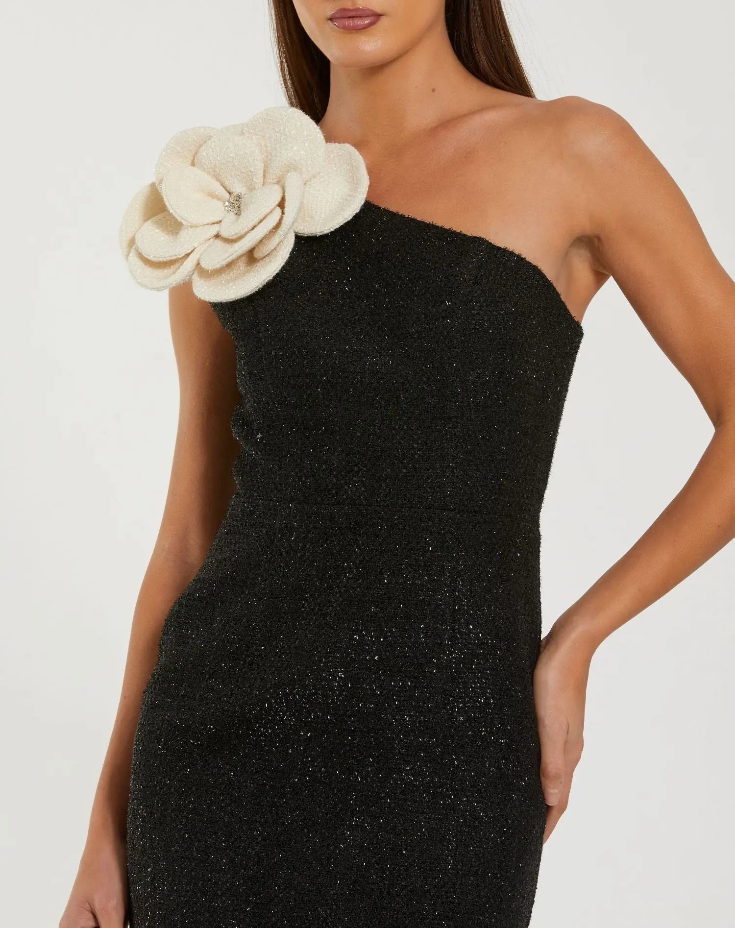 Black One Shoulder Boucle Midi Dress With 3D Flower