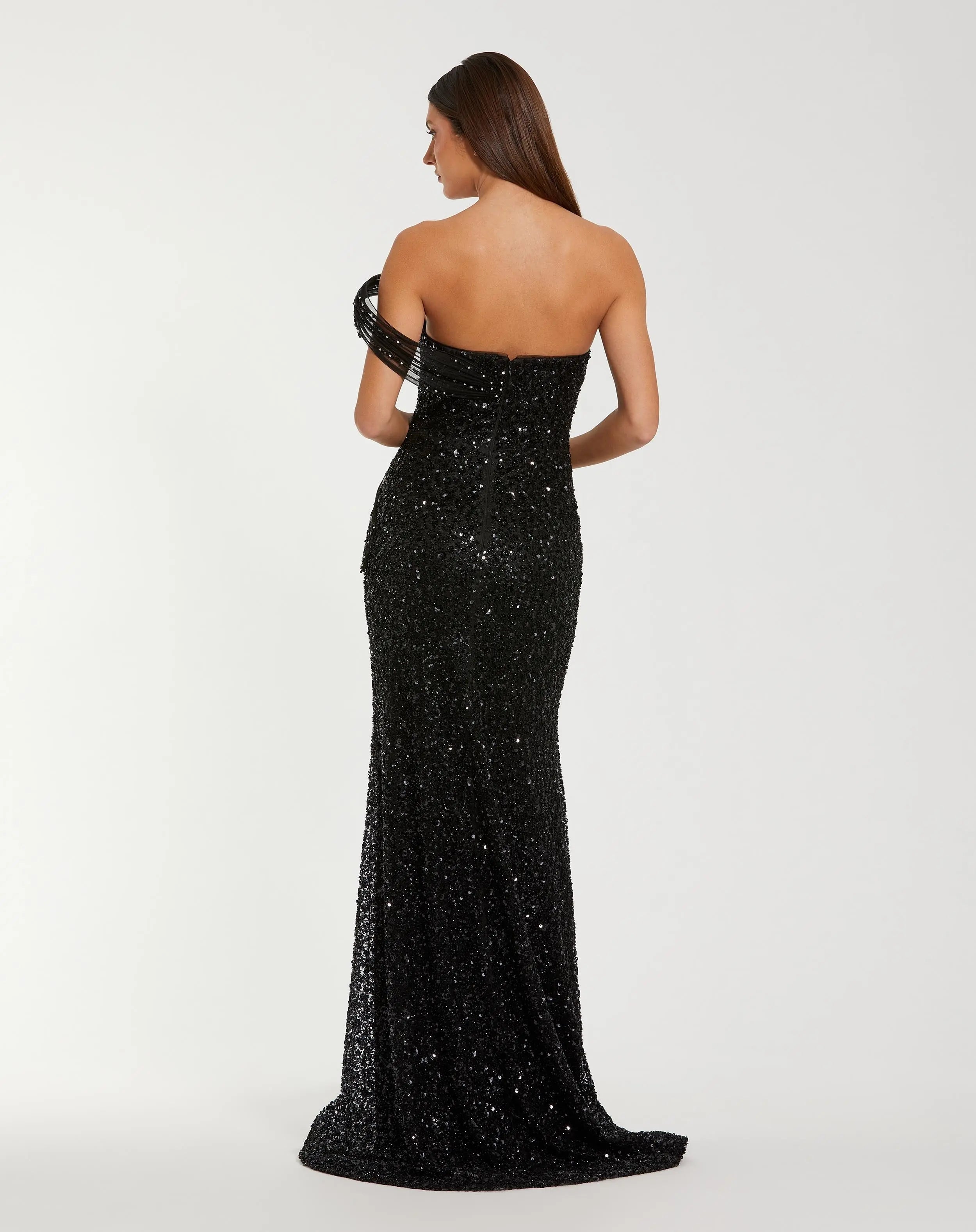 Black Embellished Strapless Gown with Sculptural Drape