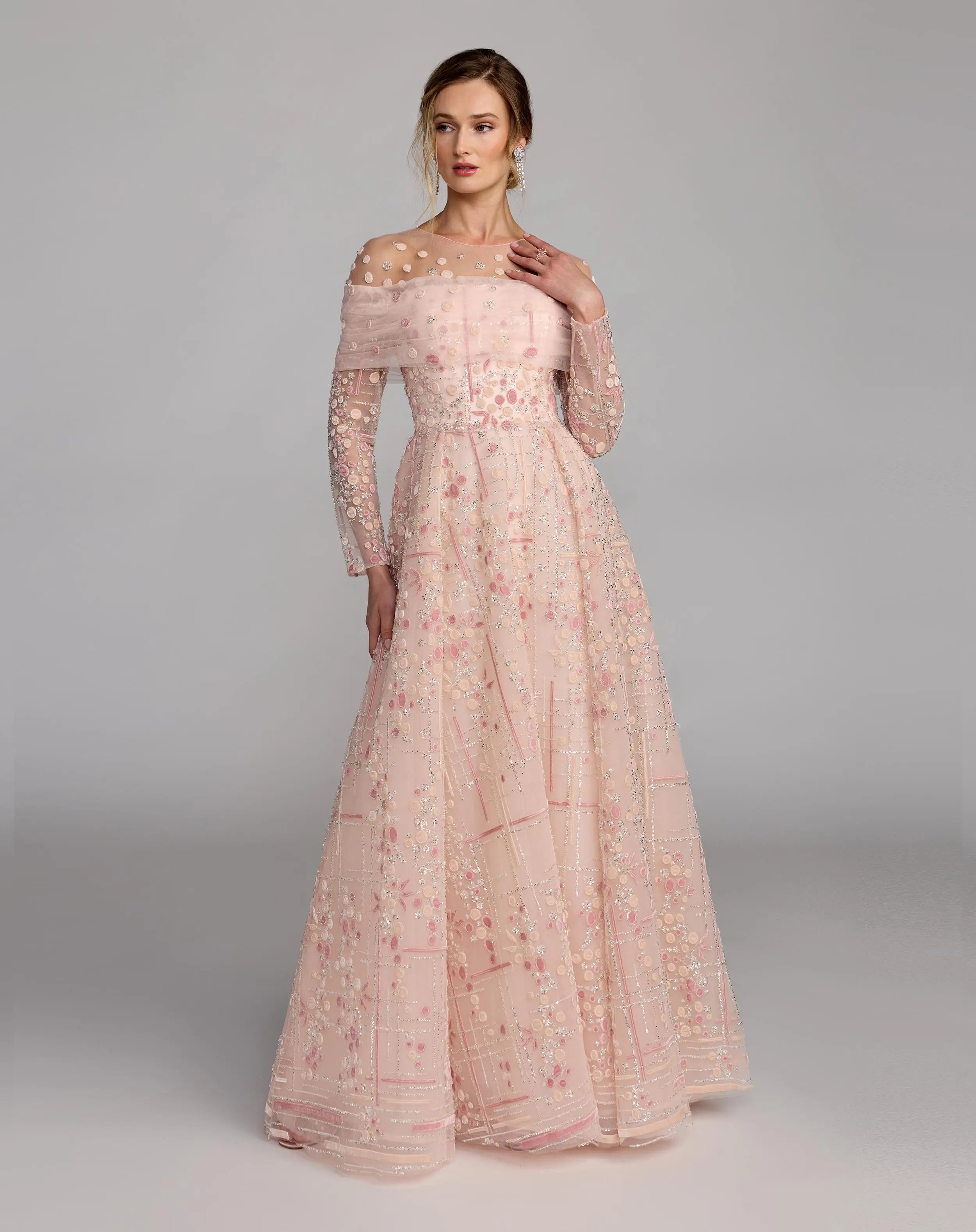 Pink Embroidered Illusion Long Sleeve Ball Gown