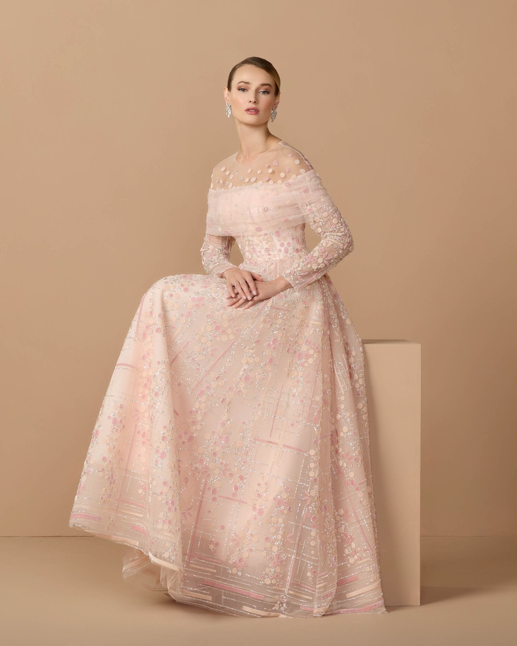 Pink Embroidered Illusion Long Sleeve Ball Gown