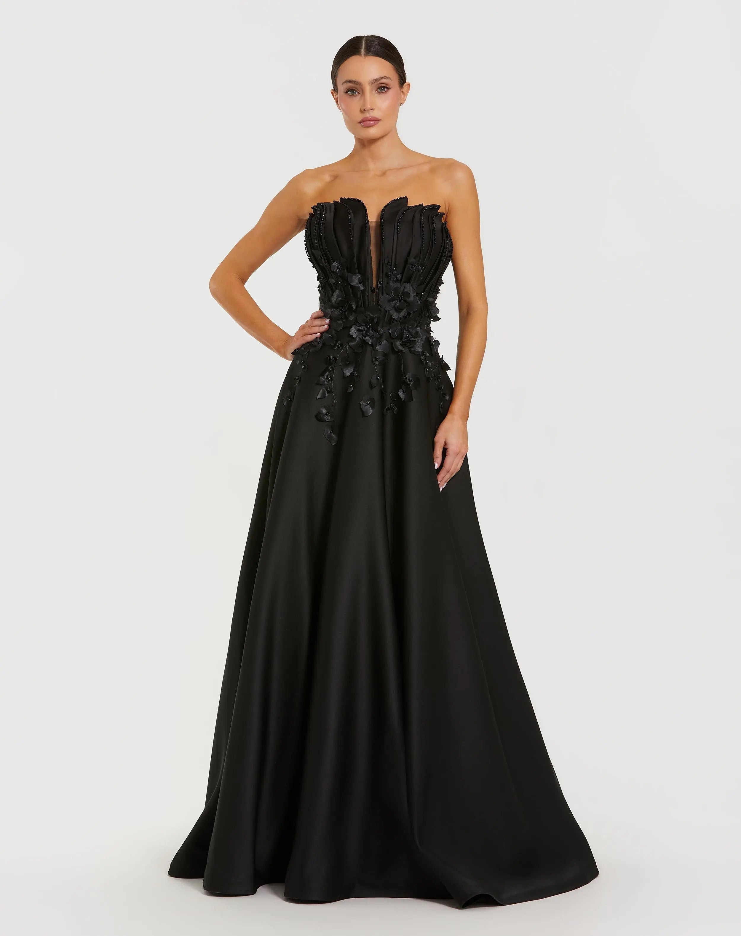 Black Strapless Satin Floral Embellished Ball Gown