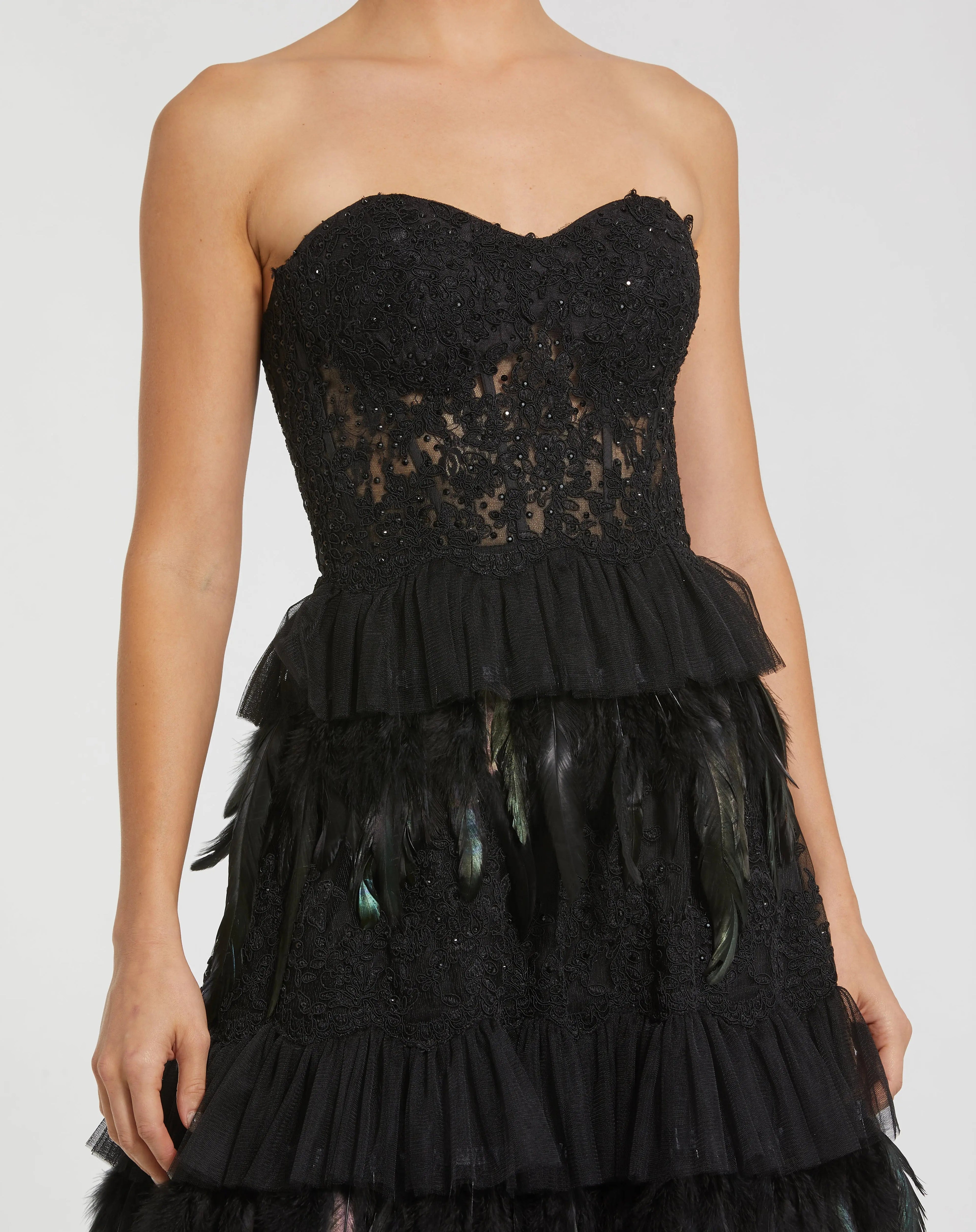 Black Strapless Sweetheart Lace Tiered Feather Ball Gown