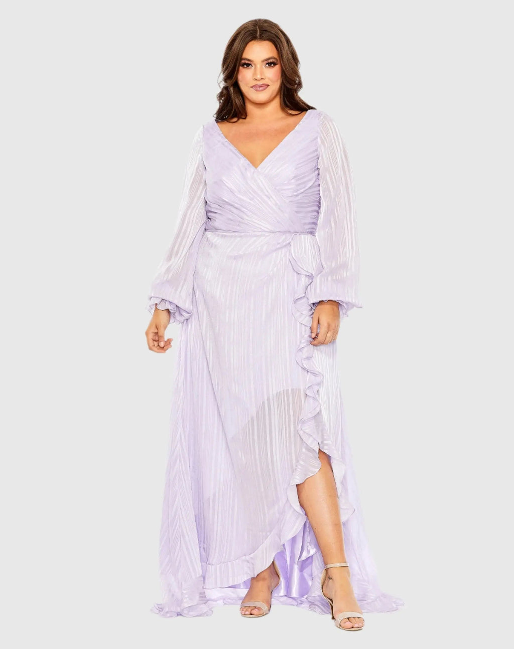 Purple Striped Faux Wrap Bishop Sleeve Gown (Plus)