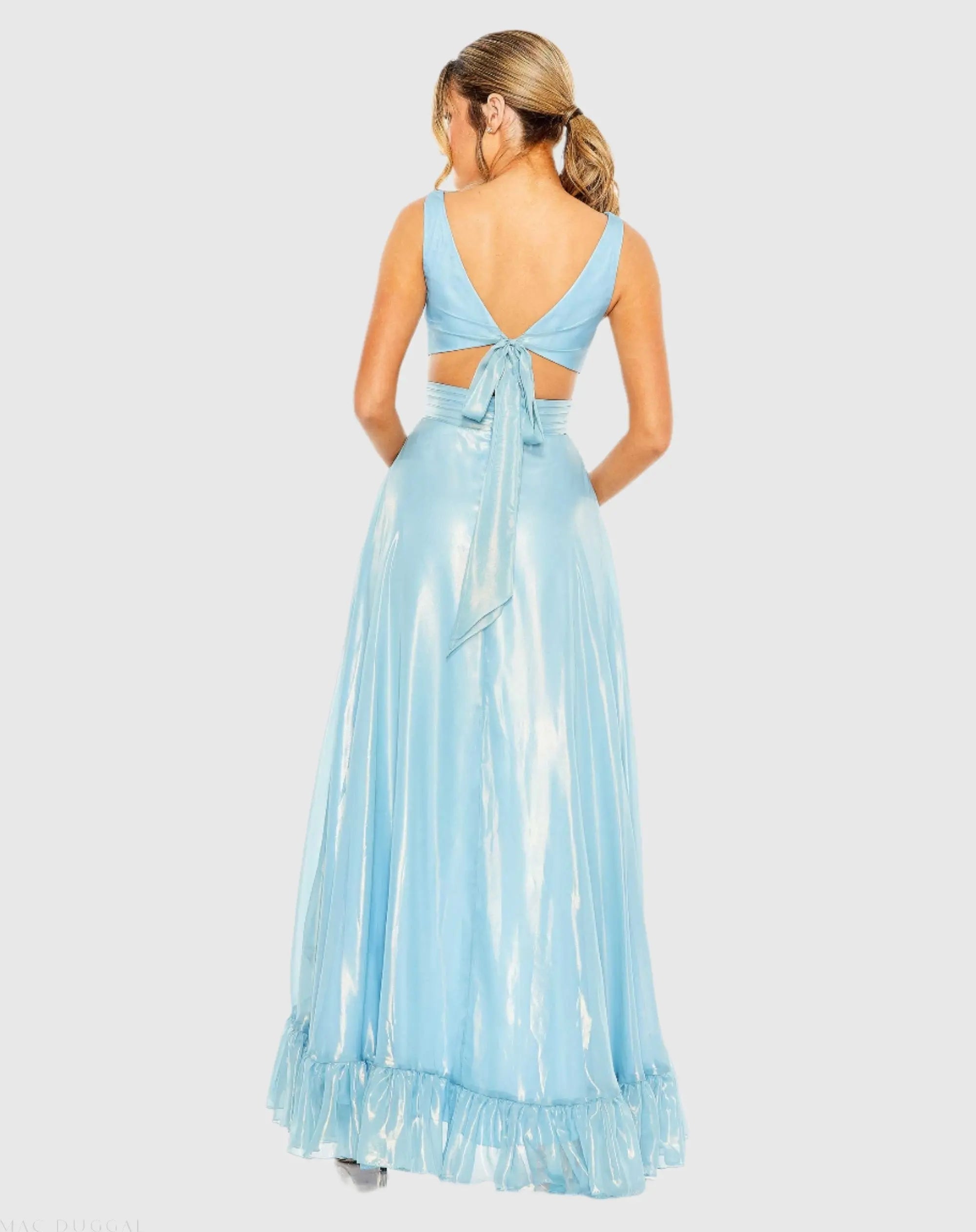 Blue Cut Out High V-Neck Low A-line Dress