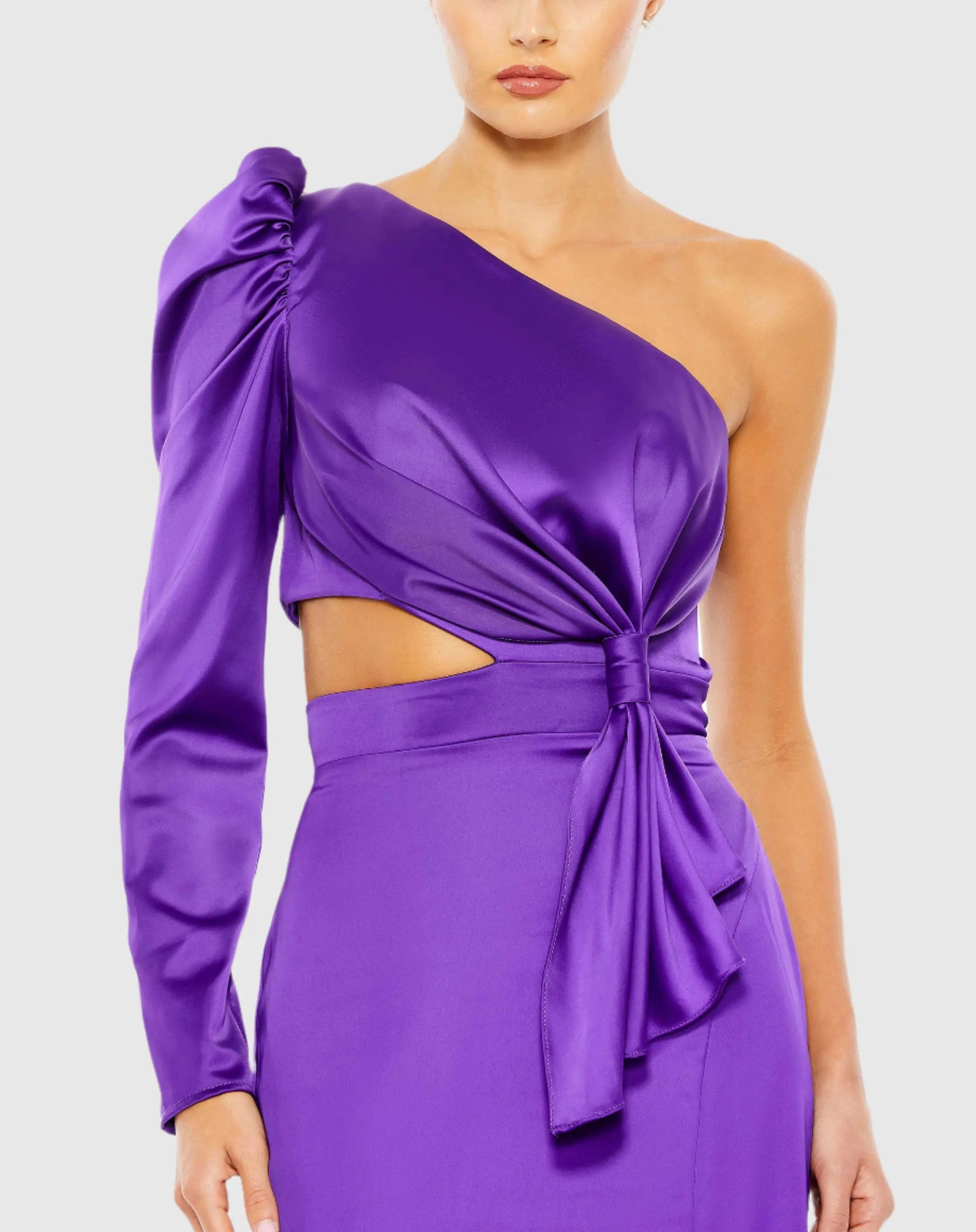 Purple Puff One Sleeve Cut Out Side Knot Gown