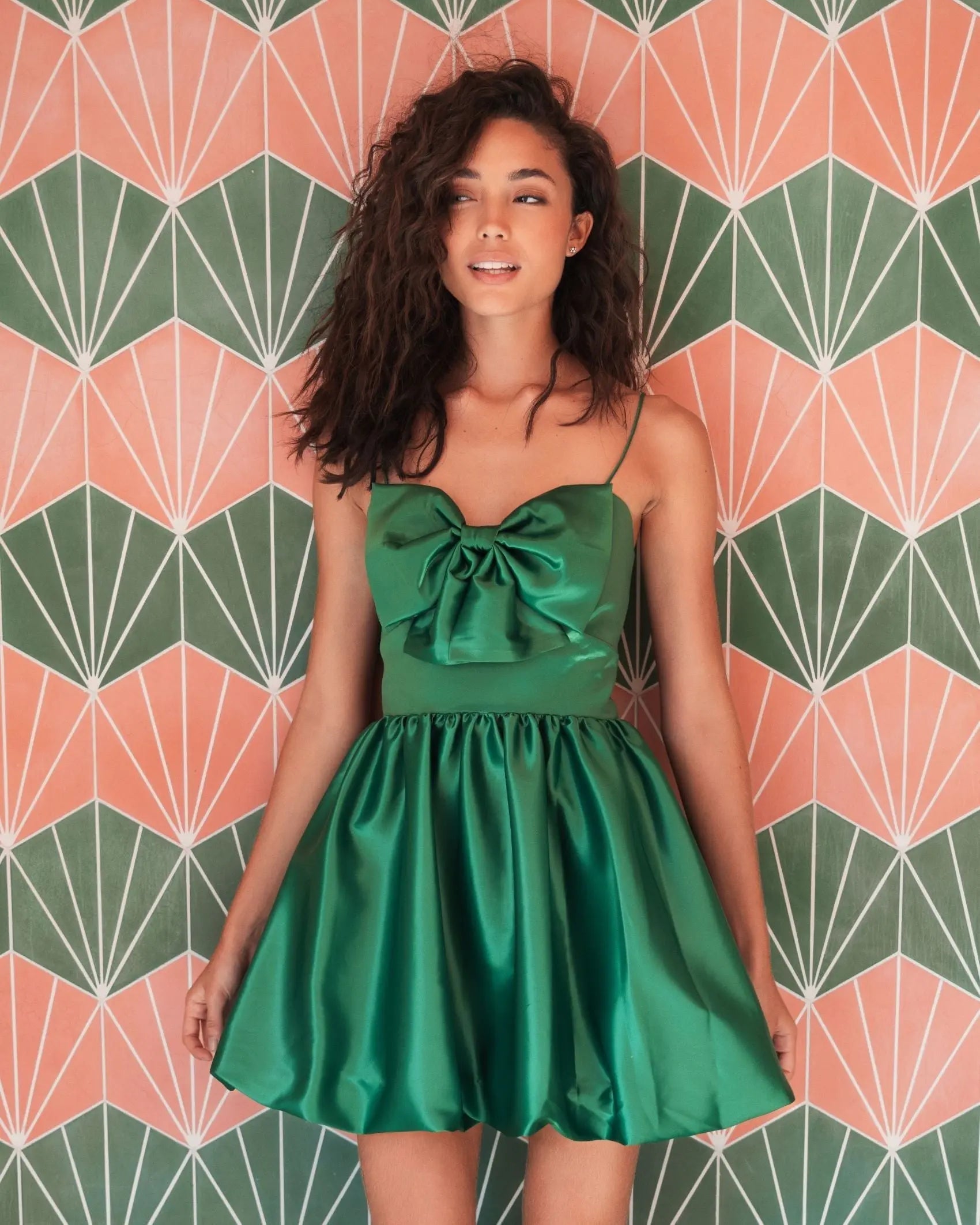 Green Bow Front Bubble Hem Mini Dress