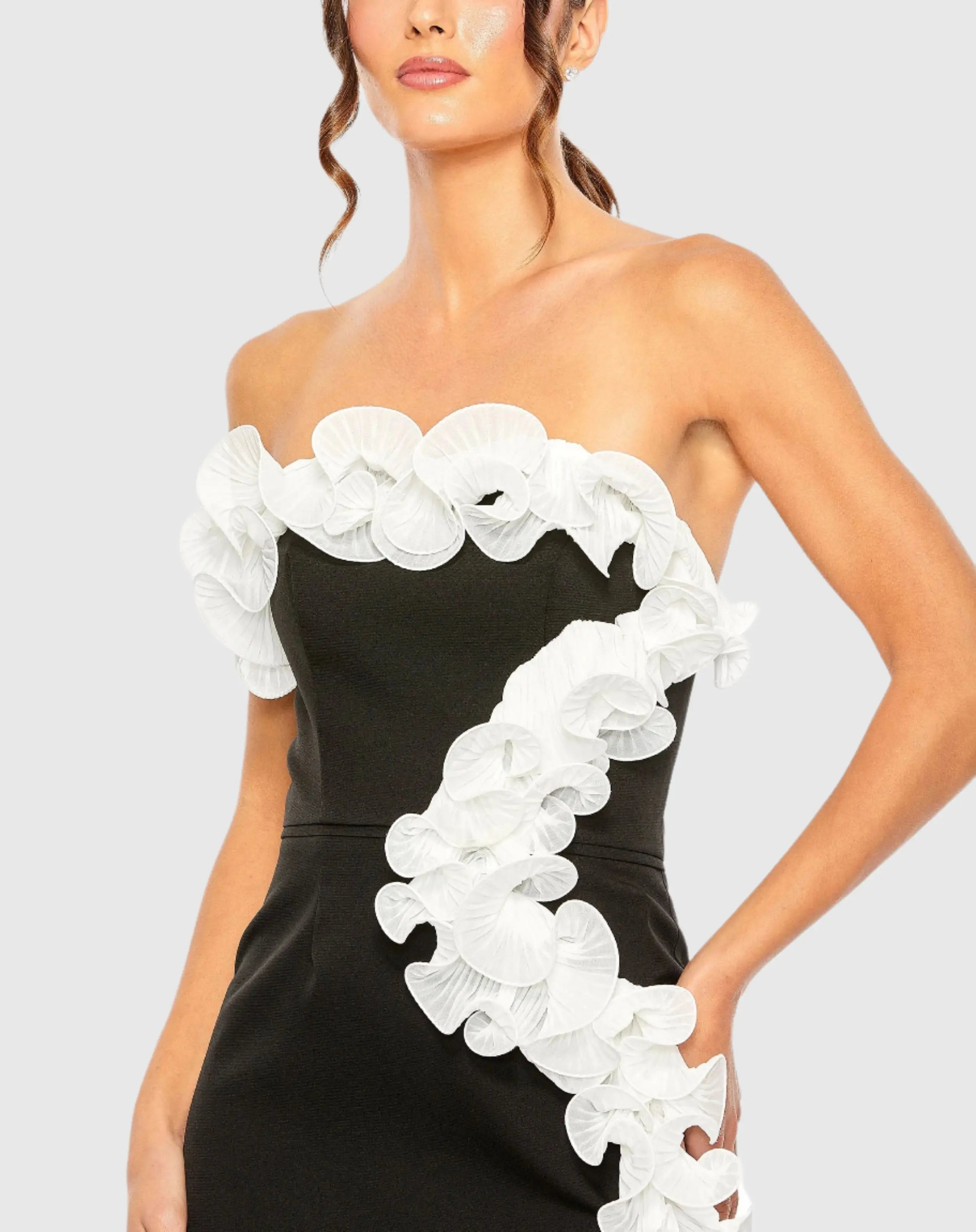 Black and White Strapless Ruffle Detail Mini Dress