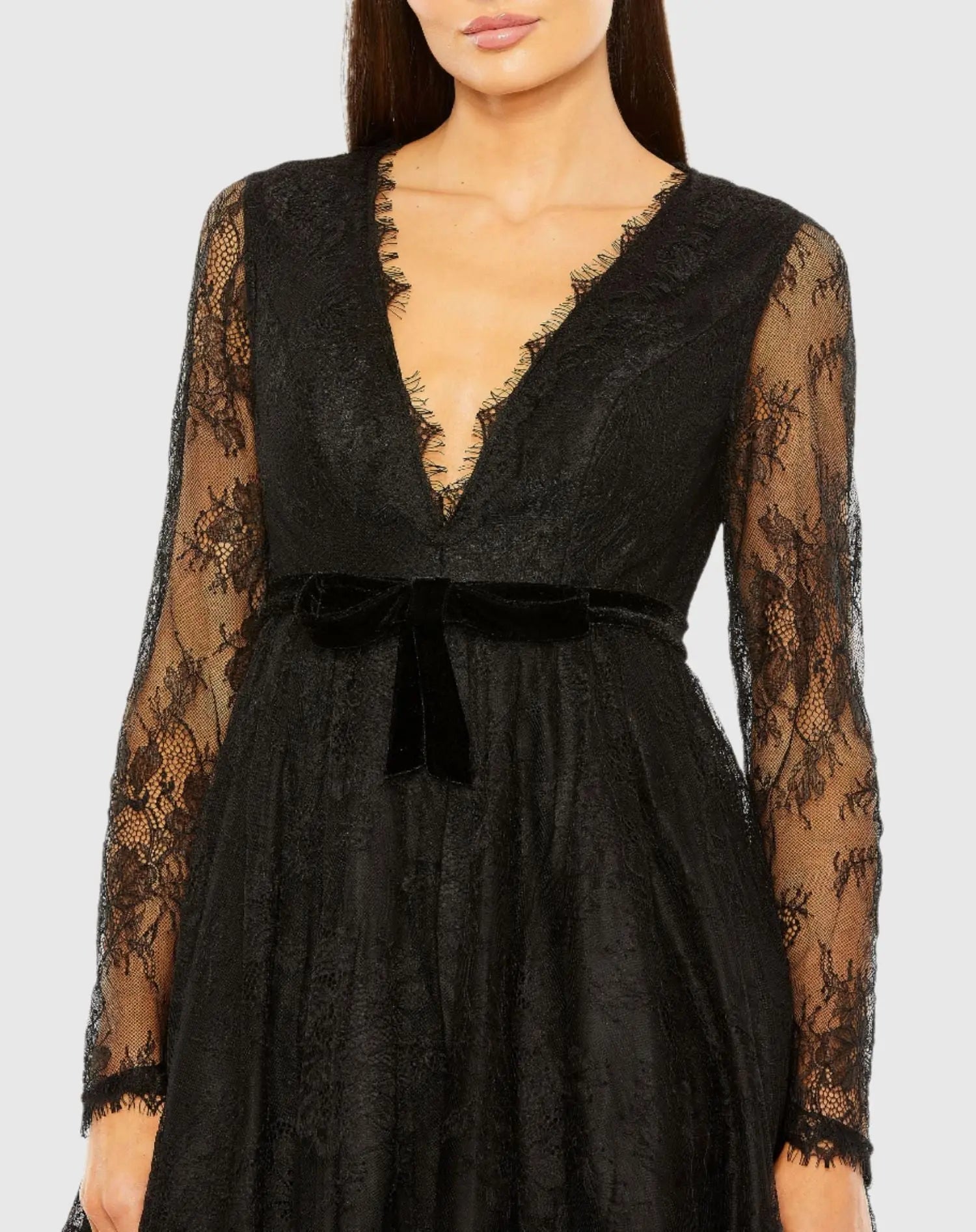 Black Long Sleeve Deep V Lace Babydoll Dress