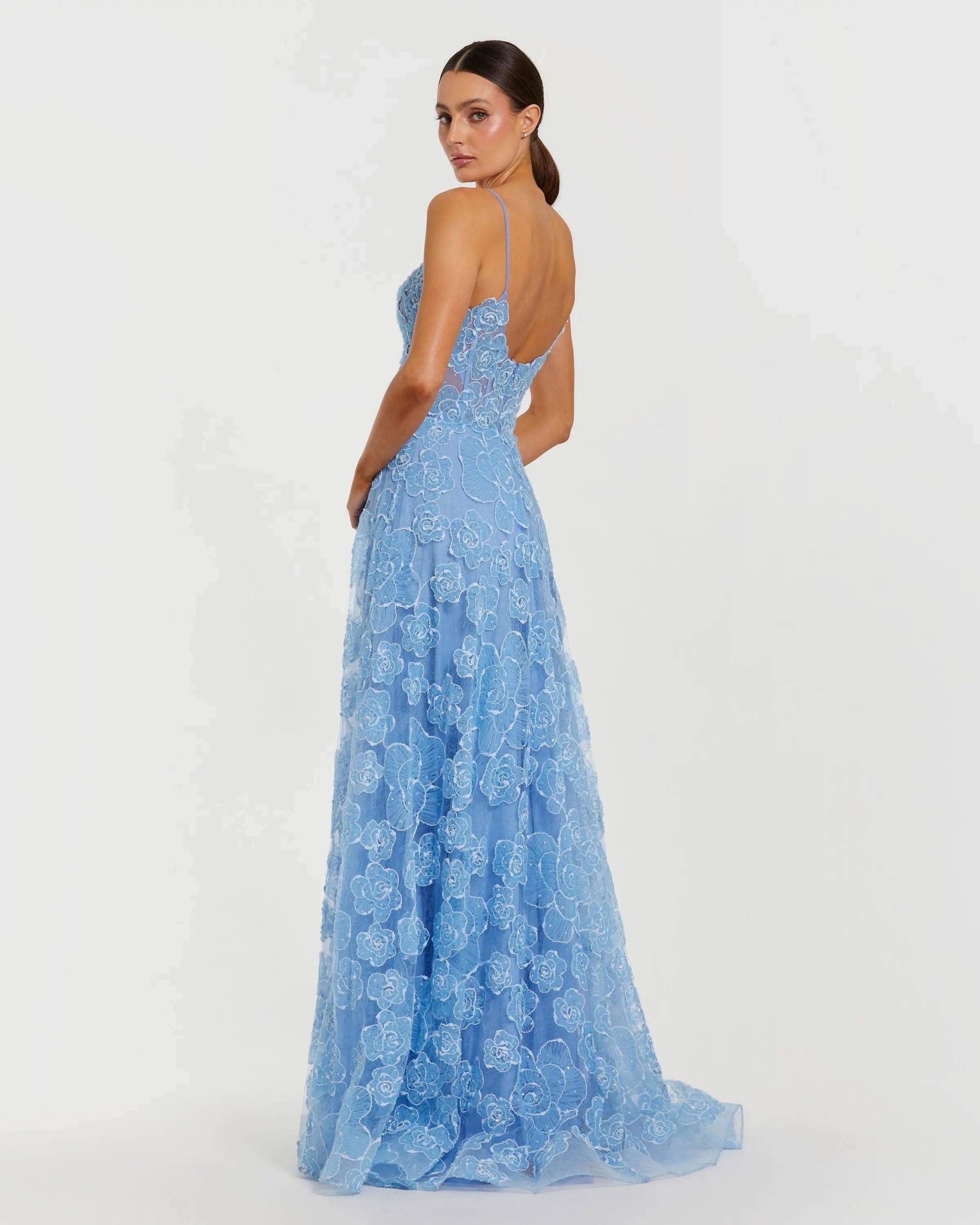 Blue Embroidered Sweetheart Neck A-Line Gown