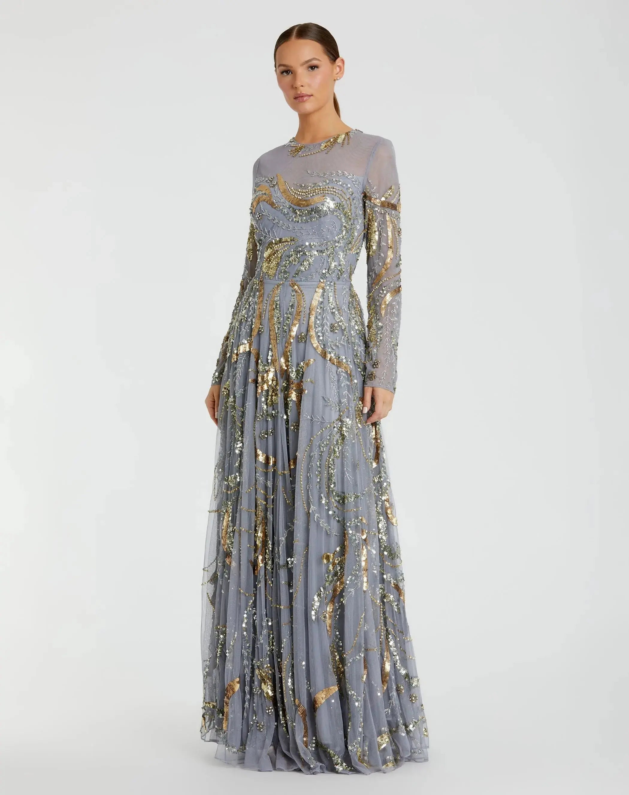 Blue and Gold Long Sleeve Embellished Illusion Evening Gown
