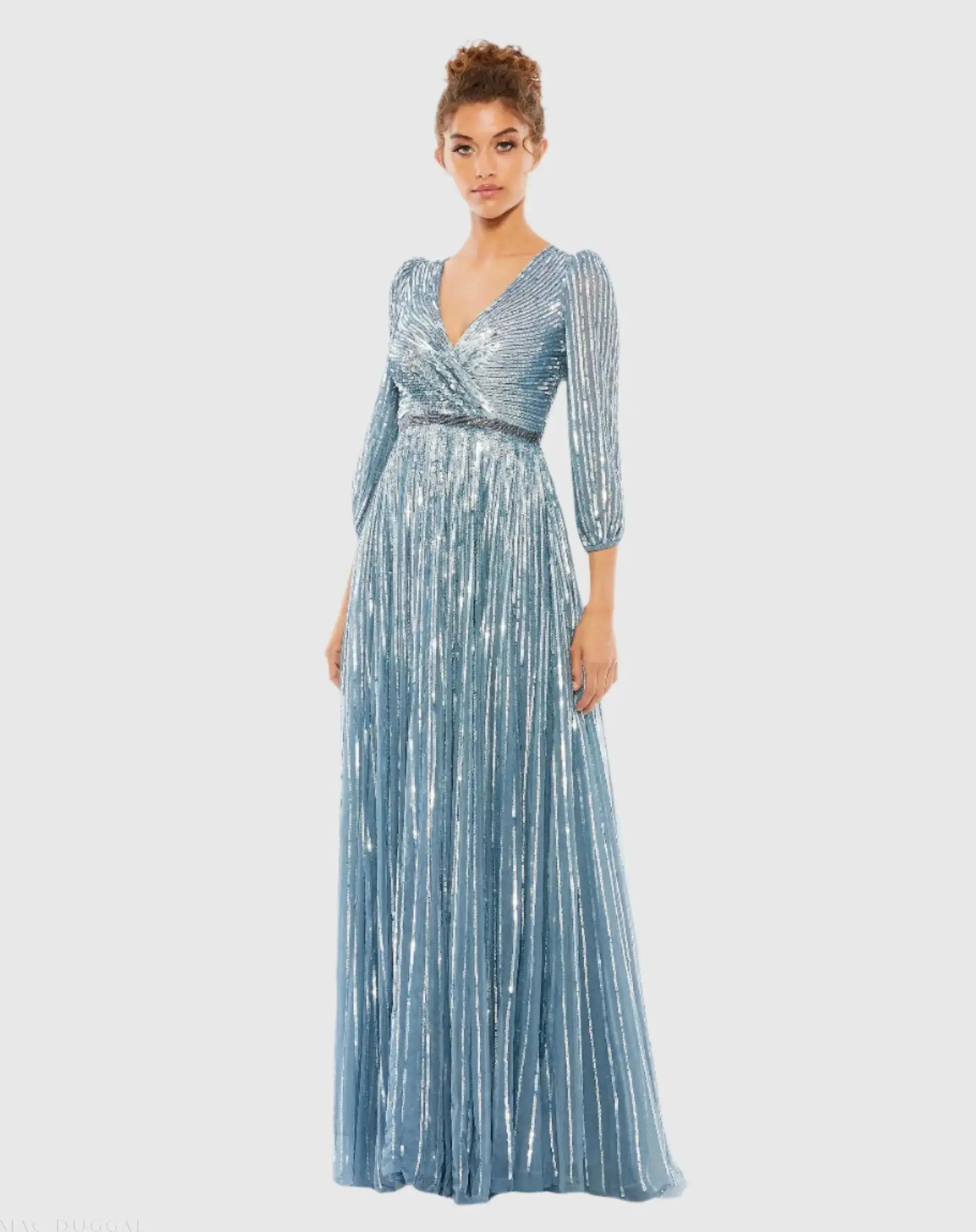 Blue Sequined Wrap Over 3/4 Sleeve Gown