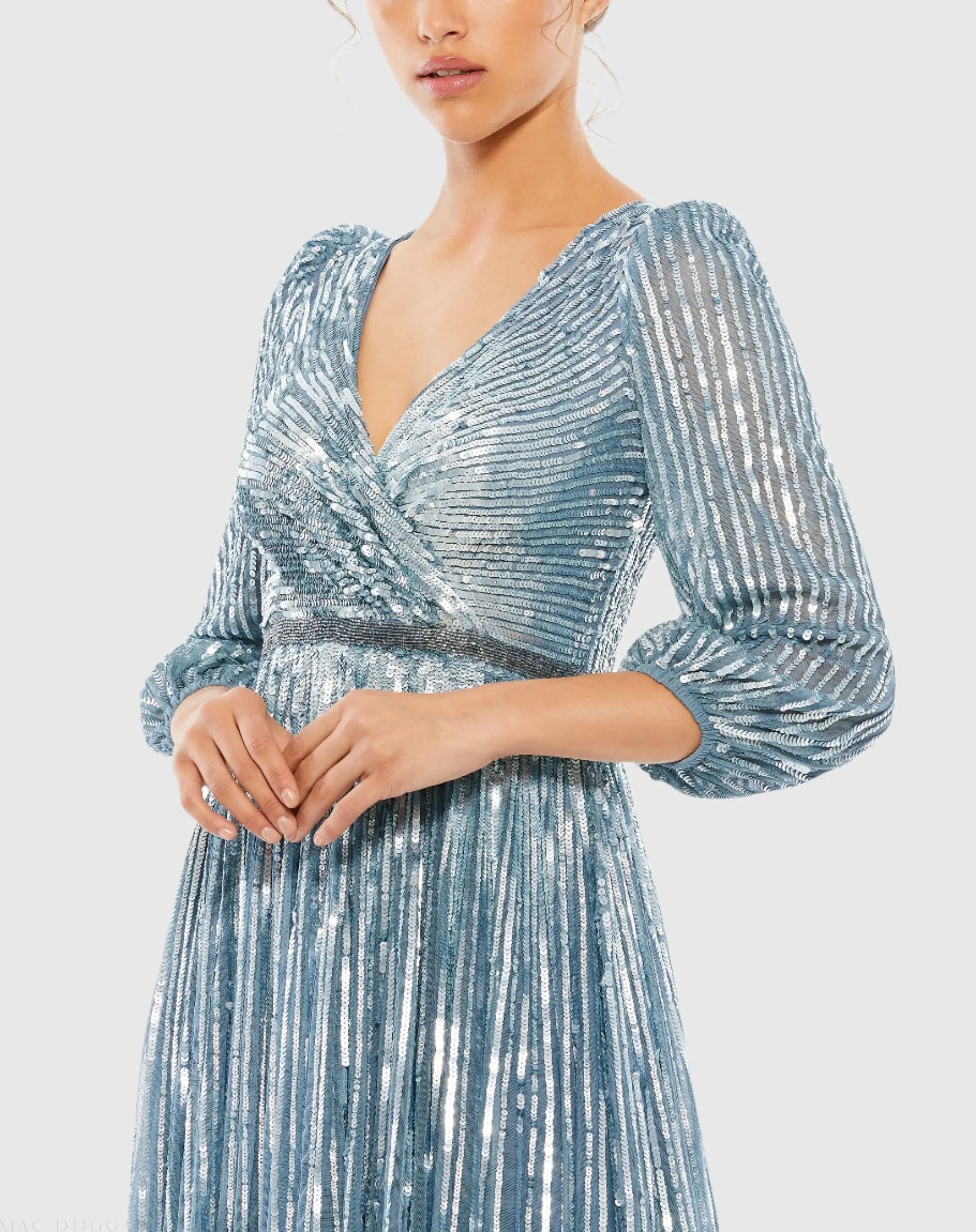 Blue Sequined Wrap Over 3/4 Sleeve Gown