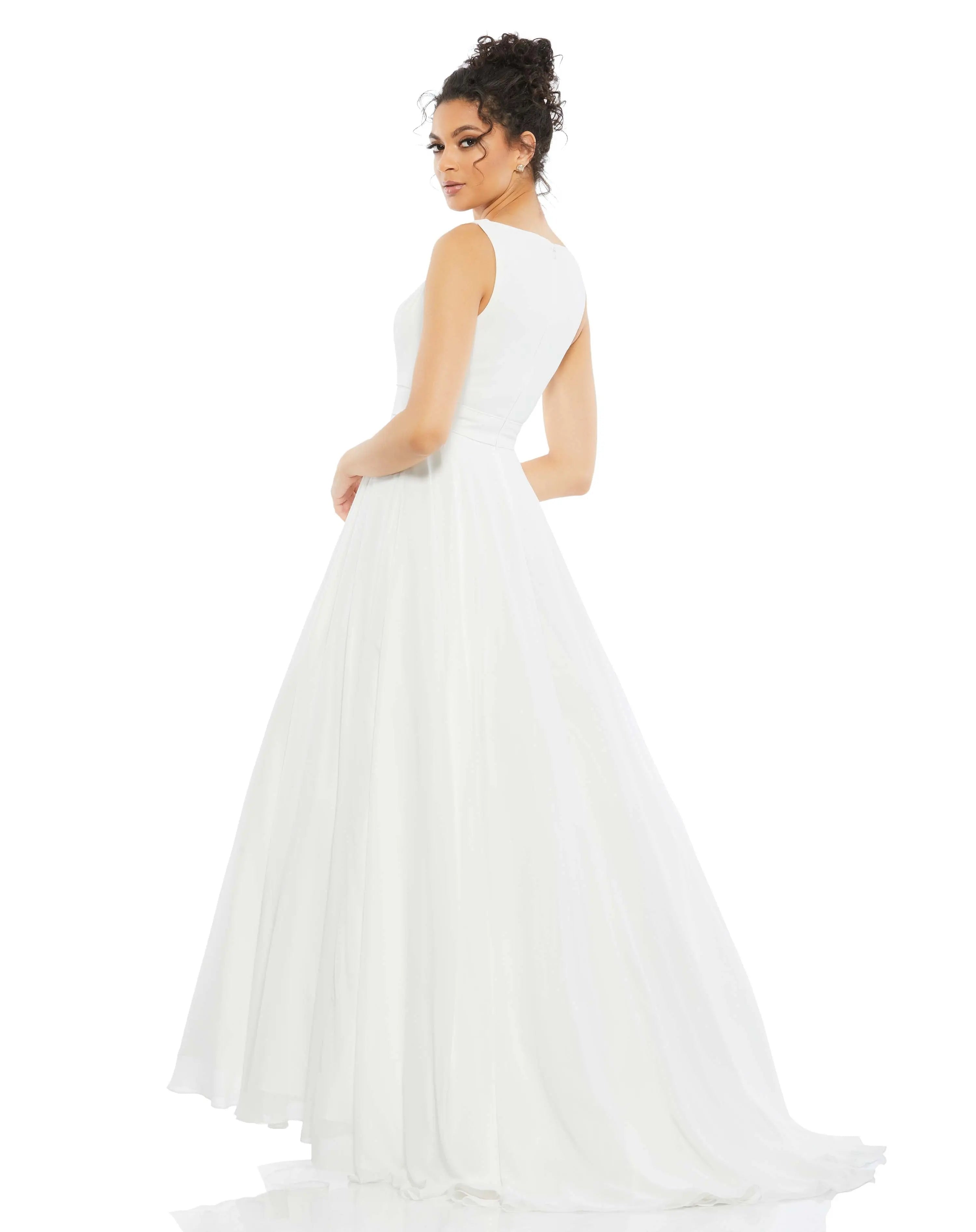 White Sleeveless V Neck Chiffon Ball Gown