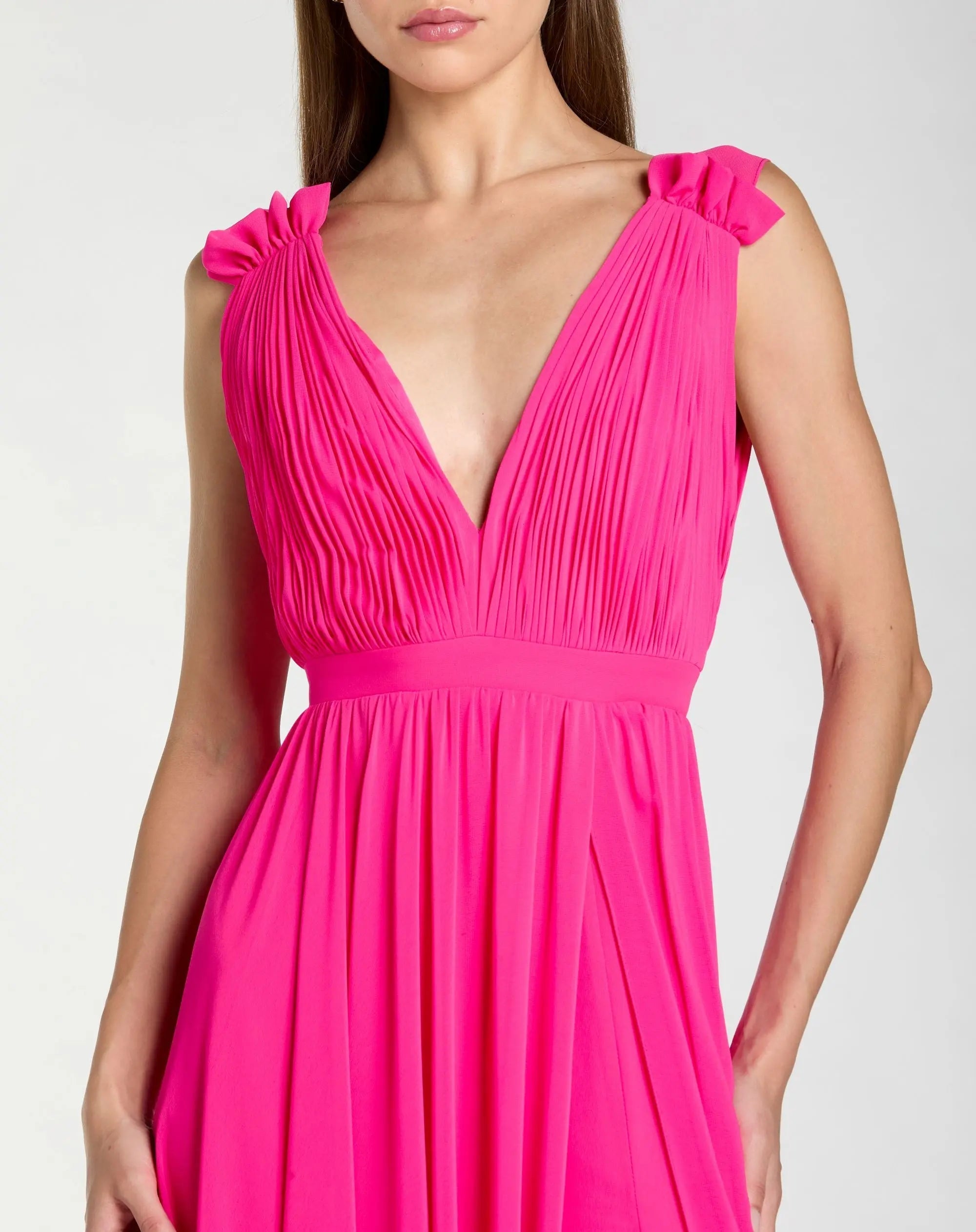 Pink Sleeveless Pleated Chiffon V-Neck Gown