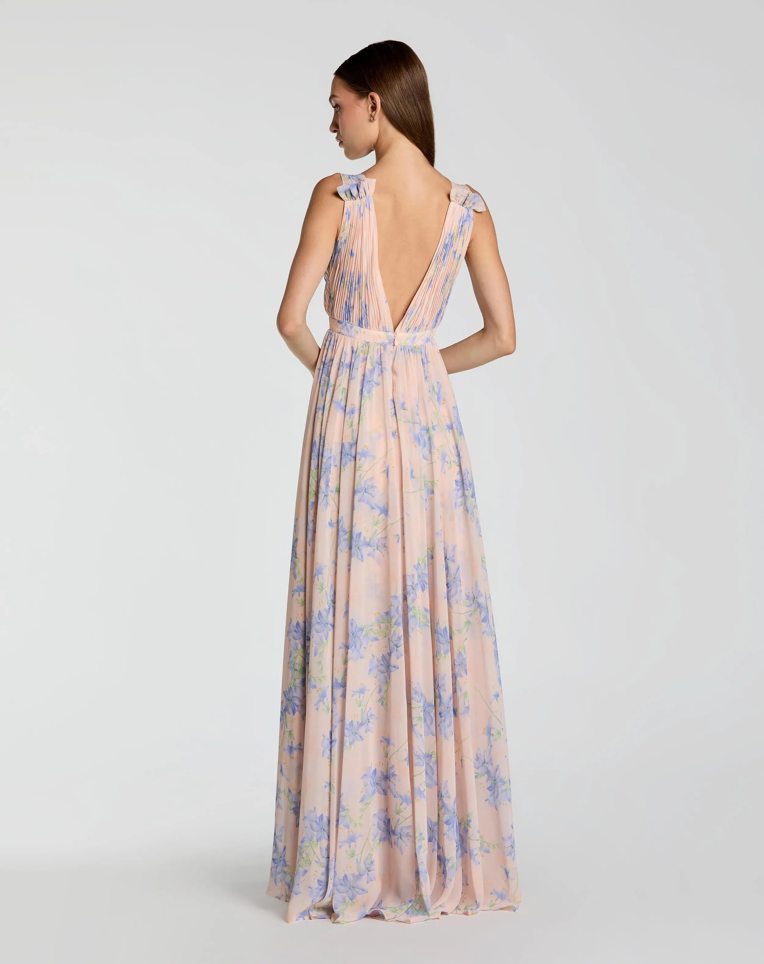 Pink Sleeveless Pleated Floral Print Chiffon V-Neck Gown