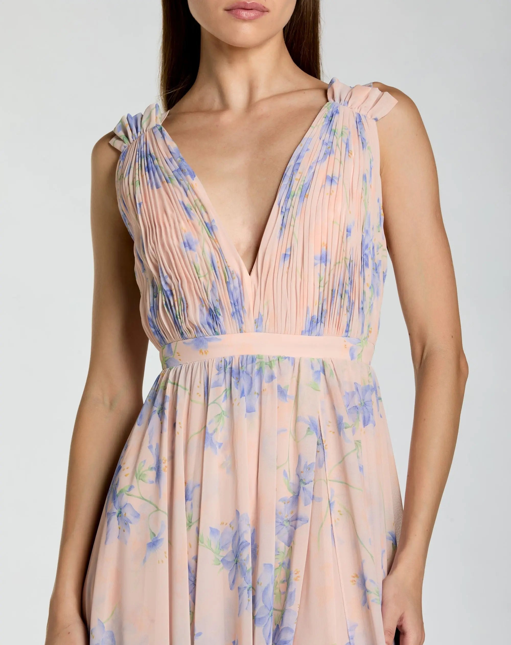 Pink Sleeveless Pleated Floral Print Chiffon V-Neck Gown