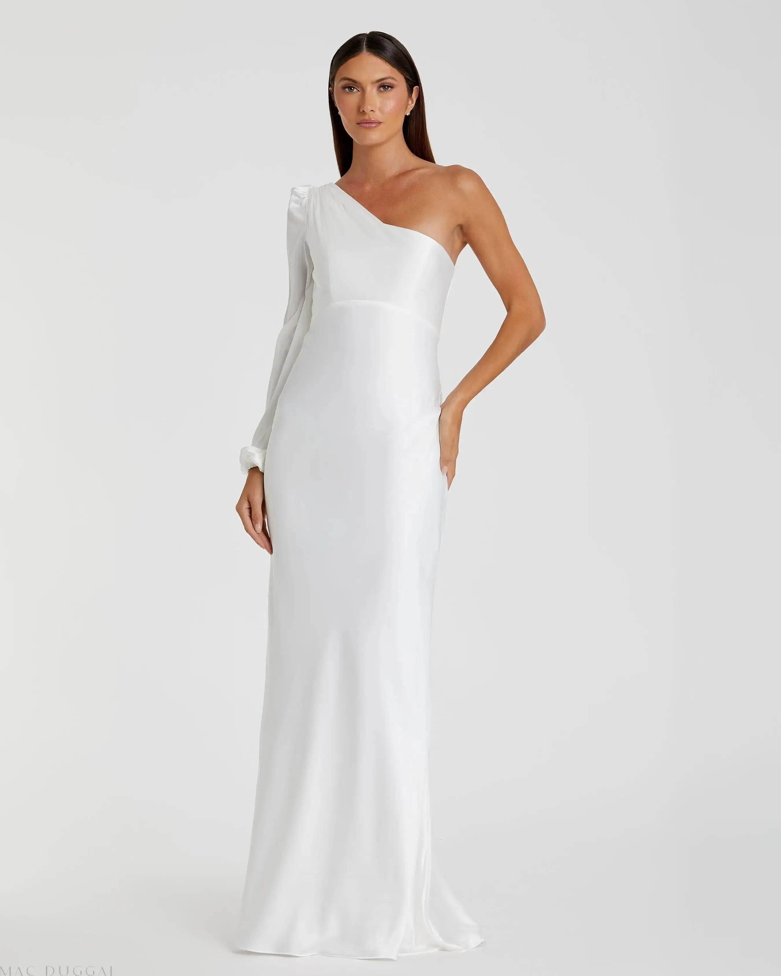 White One Shoulder Blouson Sleeve Gown - FINAL SALE
