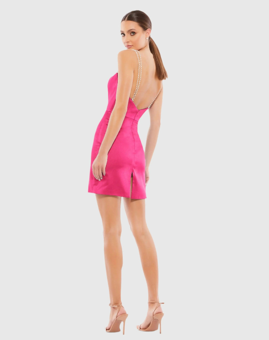 Pink Rhinestone Strap Satin Mini Dress