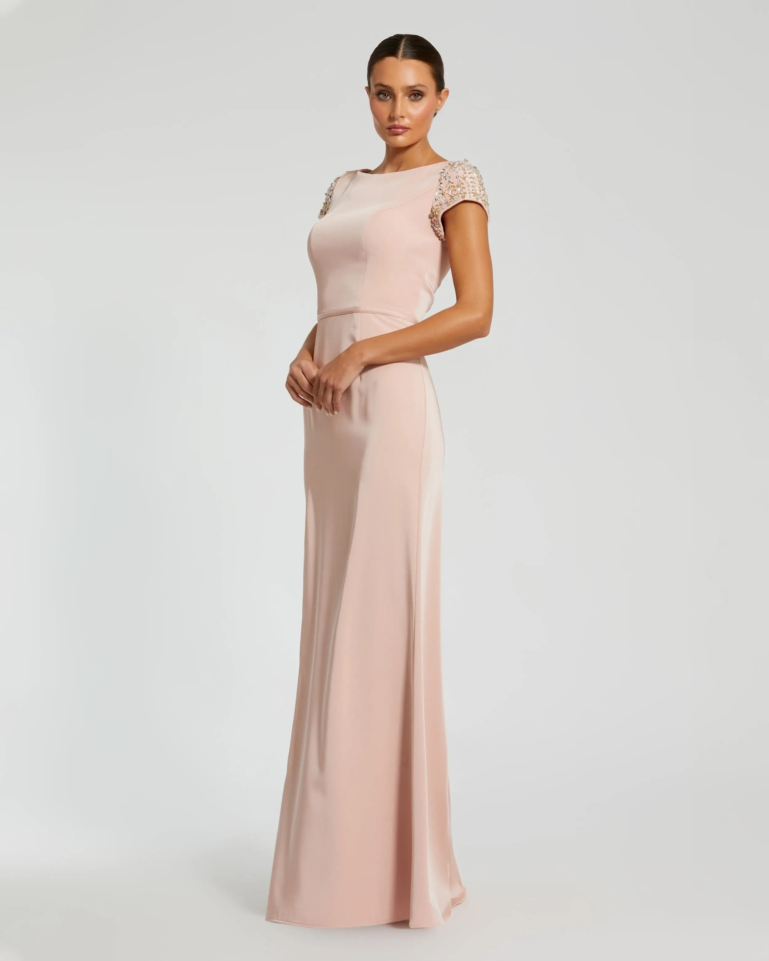 Light Pink Beaded Cap Sleeve Satin Column Gown