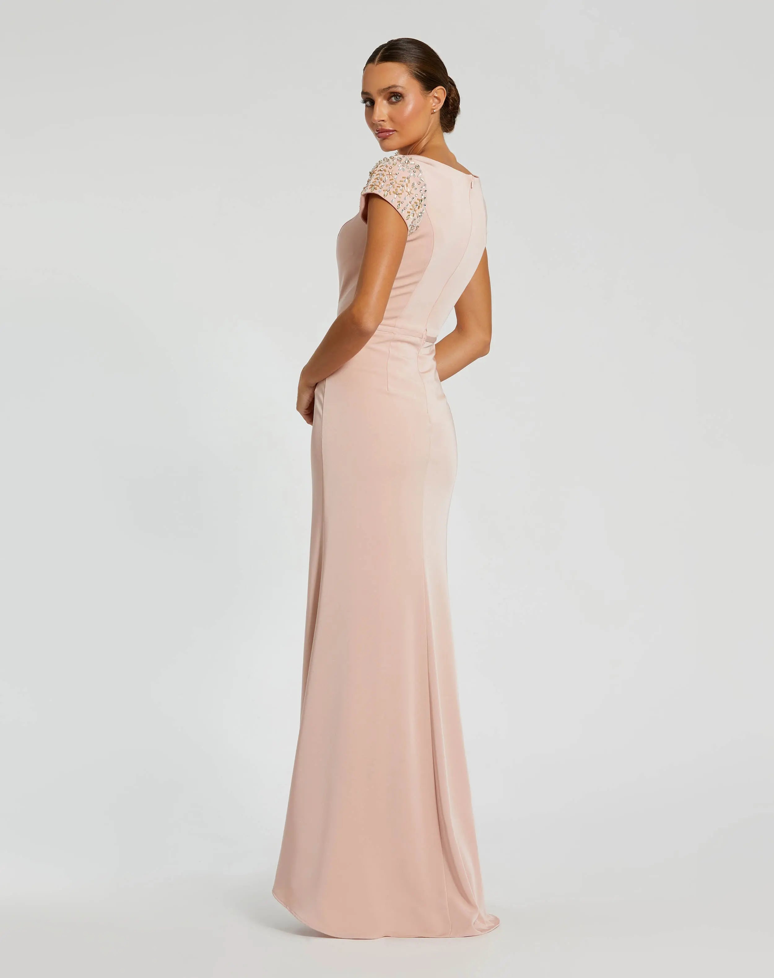 Light Pink Beaded Cap Sleeve Satin Column Gown