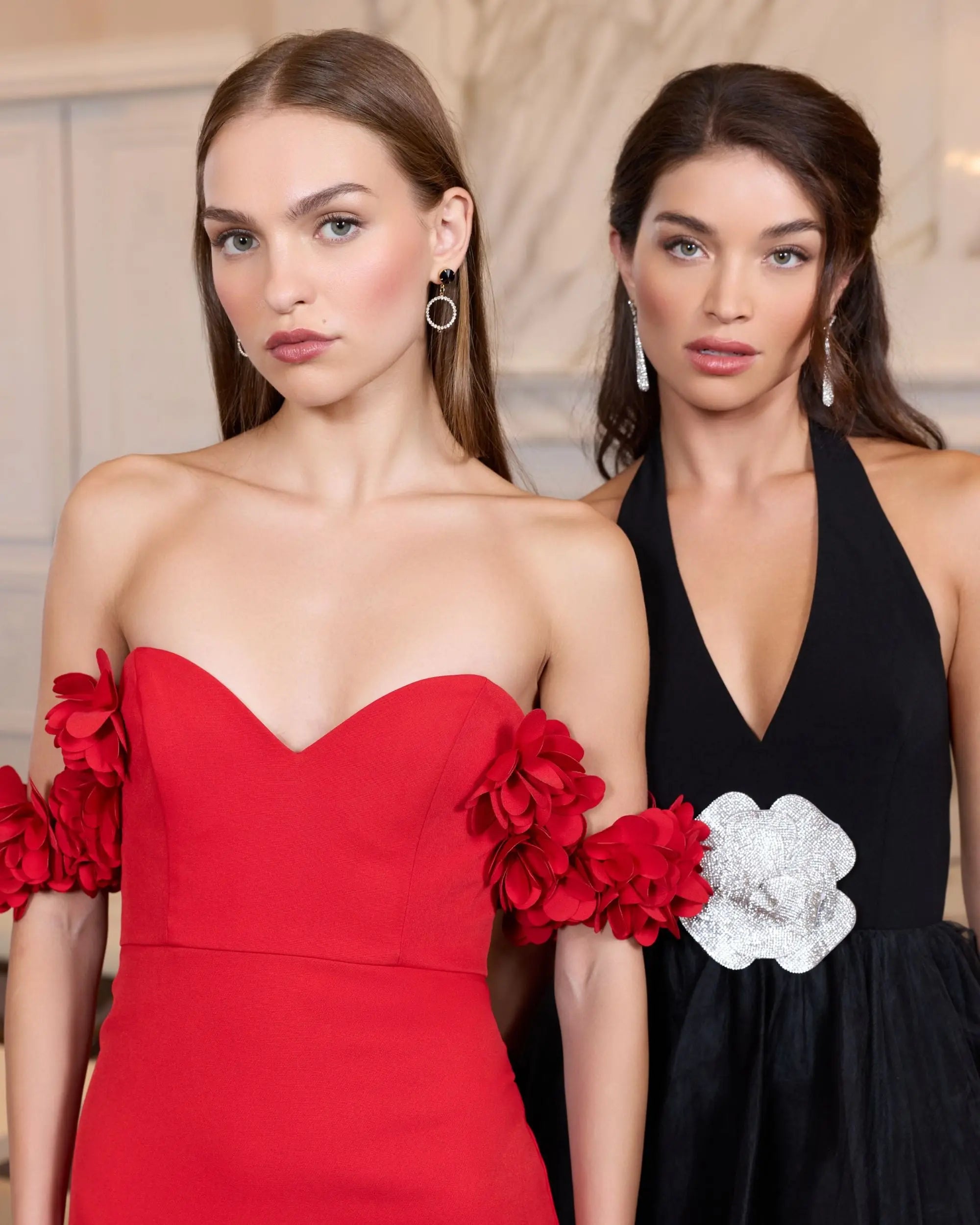Red Crepe Off The Shoulder Gown With 3D Flowers