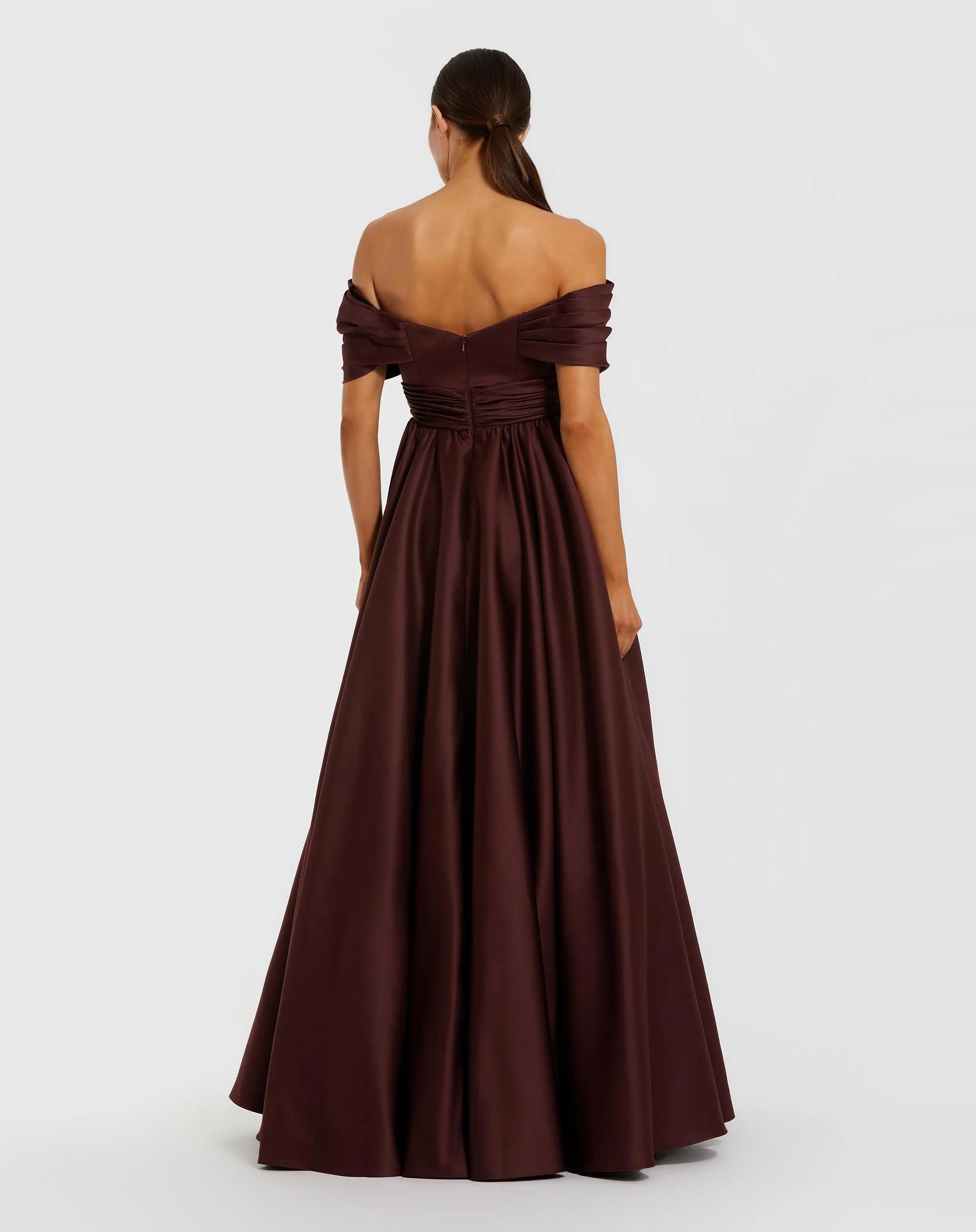 Burgundy Satin Off The Shoulder Twist Evening Ball Gown