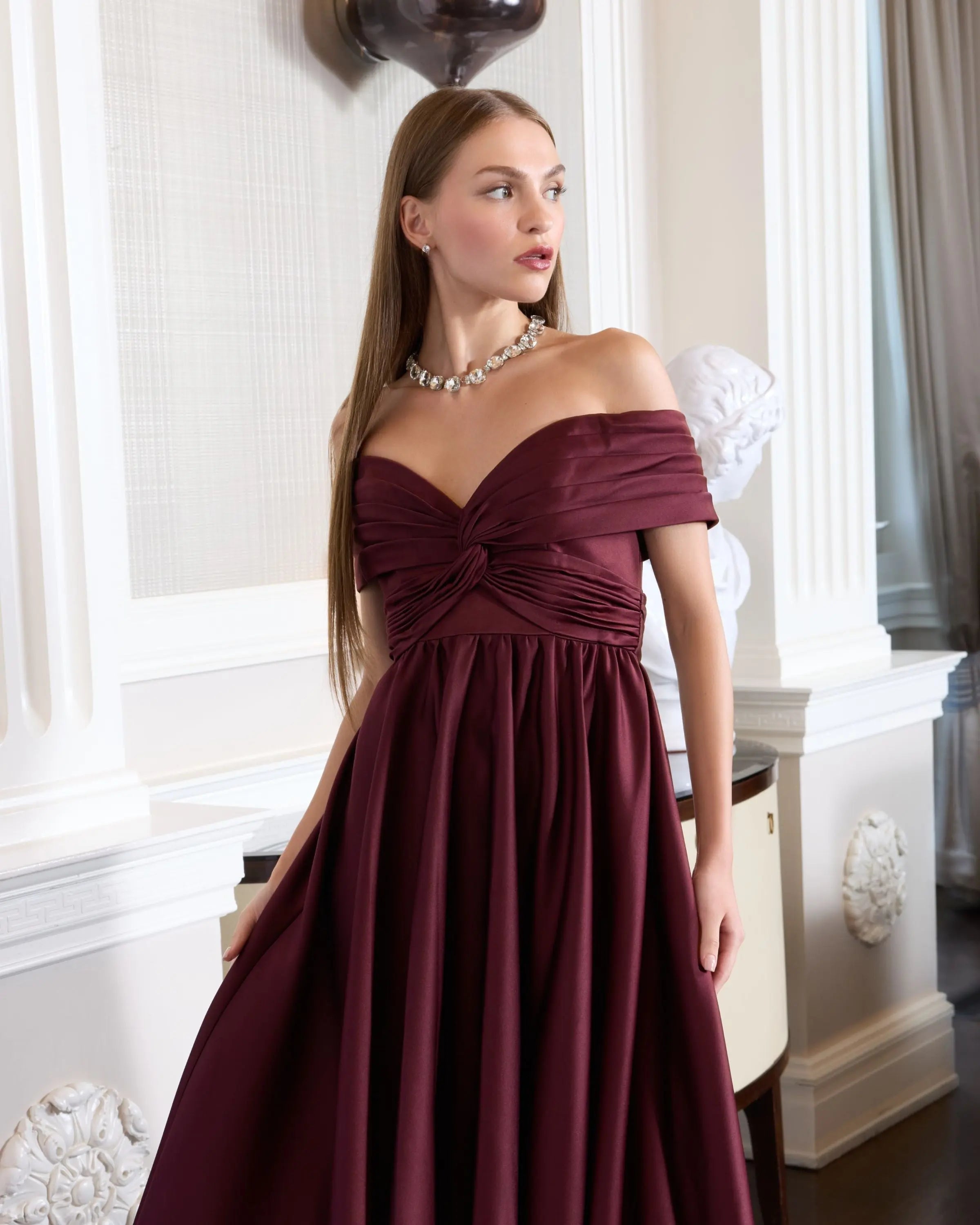 Burgundy Satin Off The Shoulder Twist Evening Ball Gown