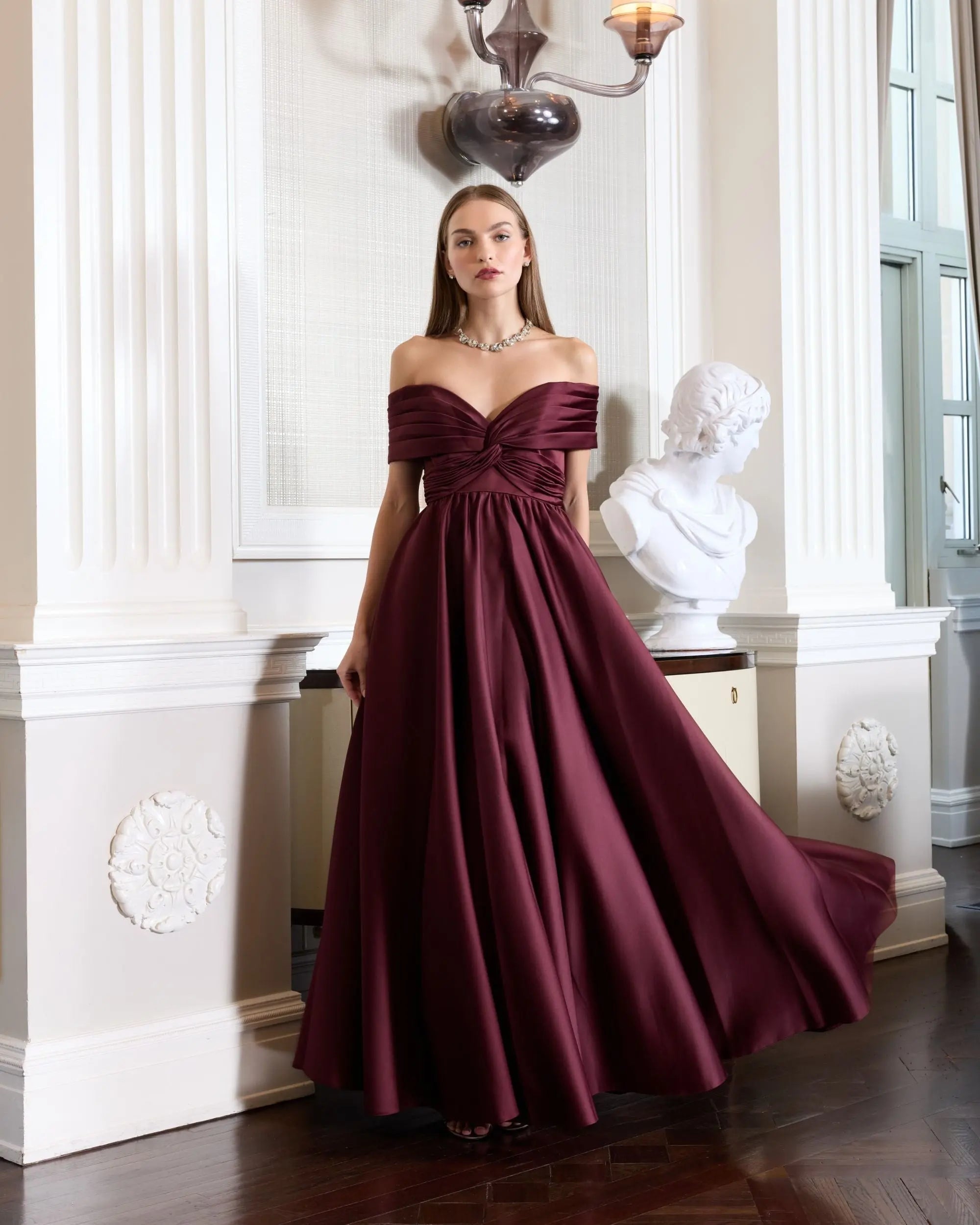 Burgundy Satin Off The Shoulder Twist Evening Ball Gown