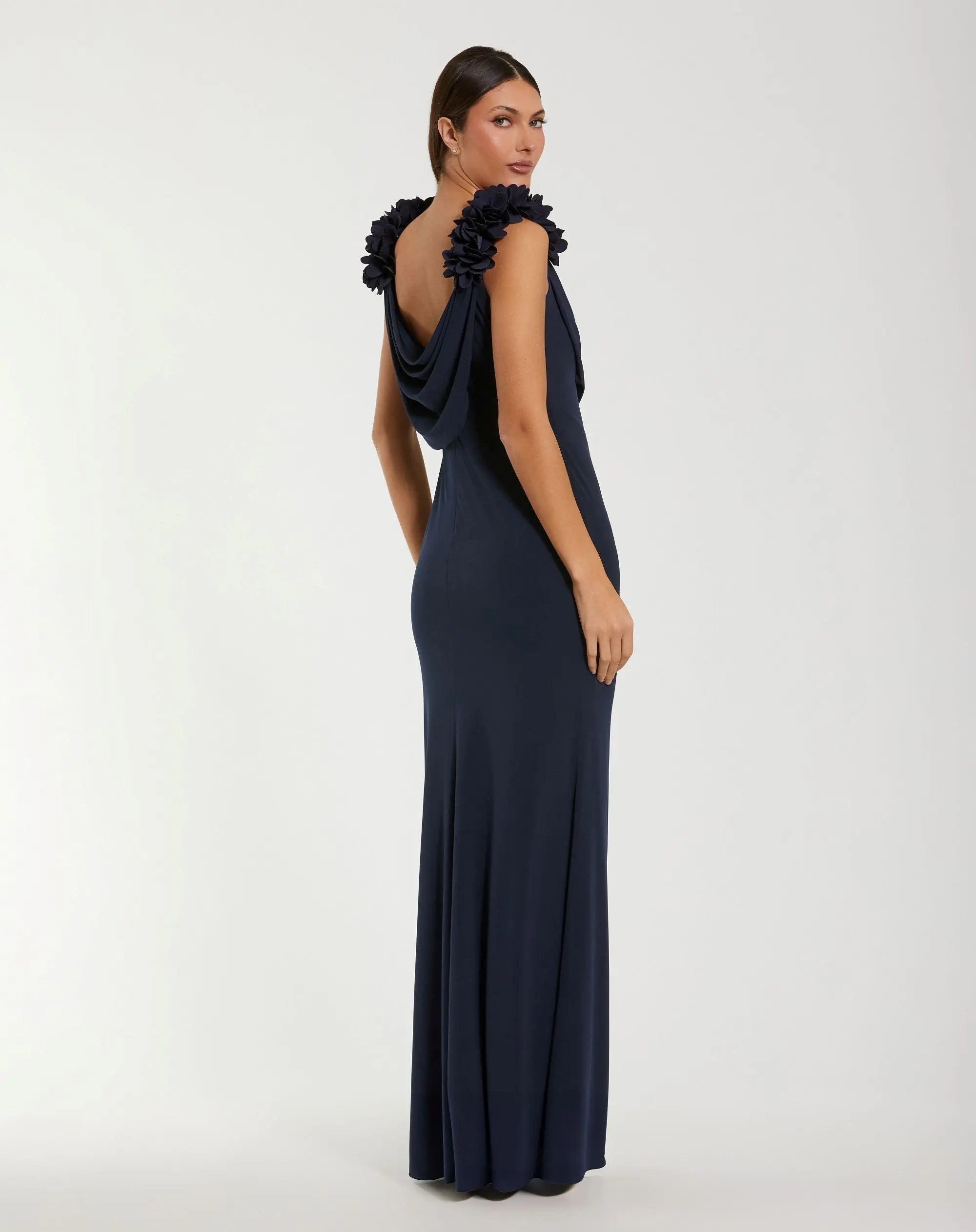 Navy Cowl Neck Jersey Gown With 3D Flower Straps