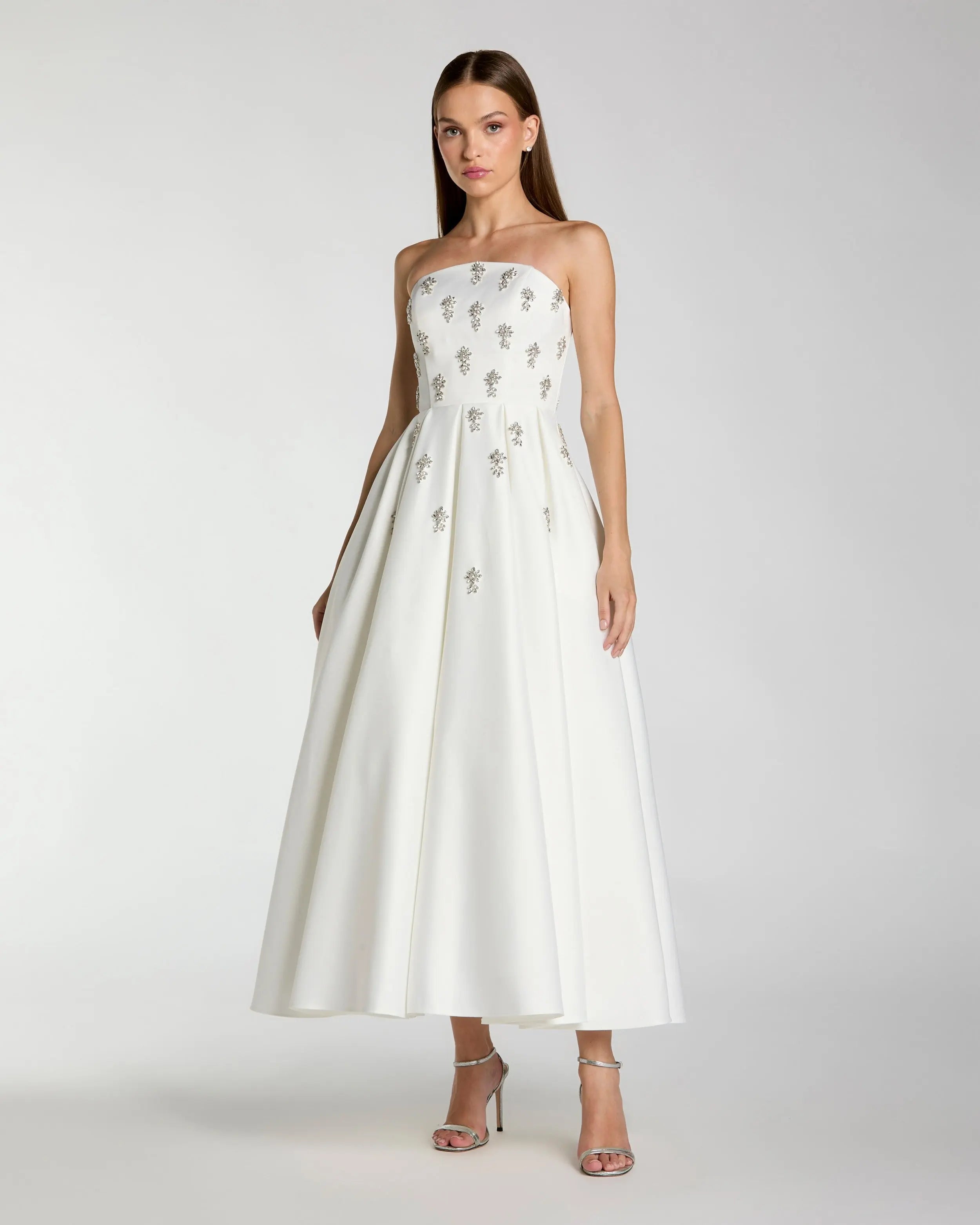 White Crystal Embellished Strapless Satin A-Line Dress