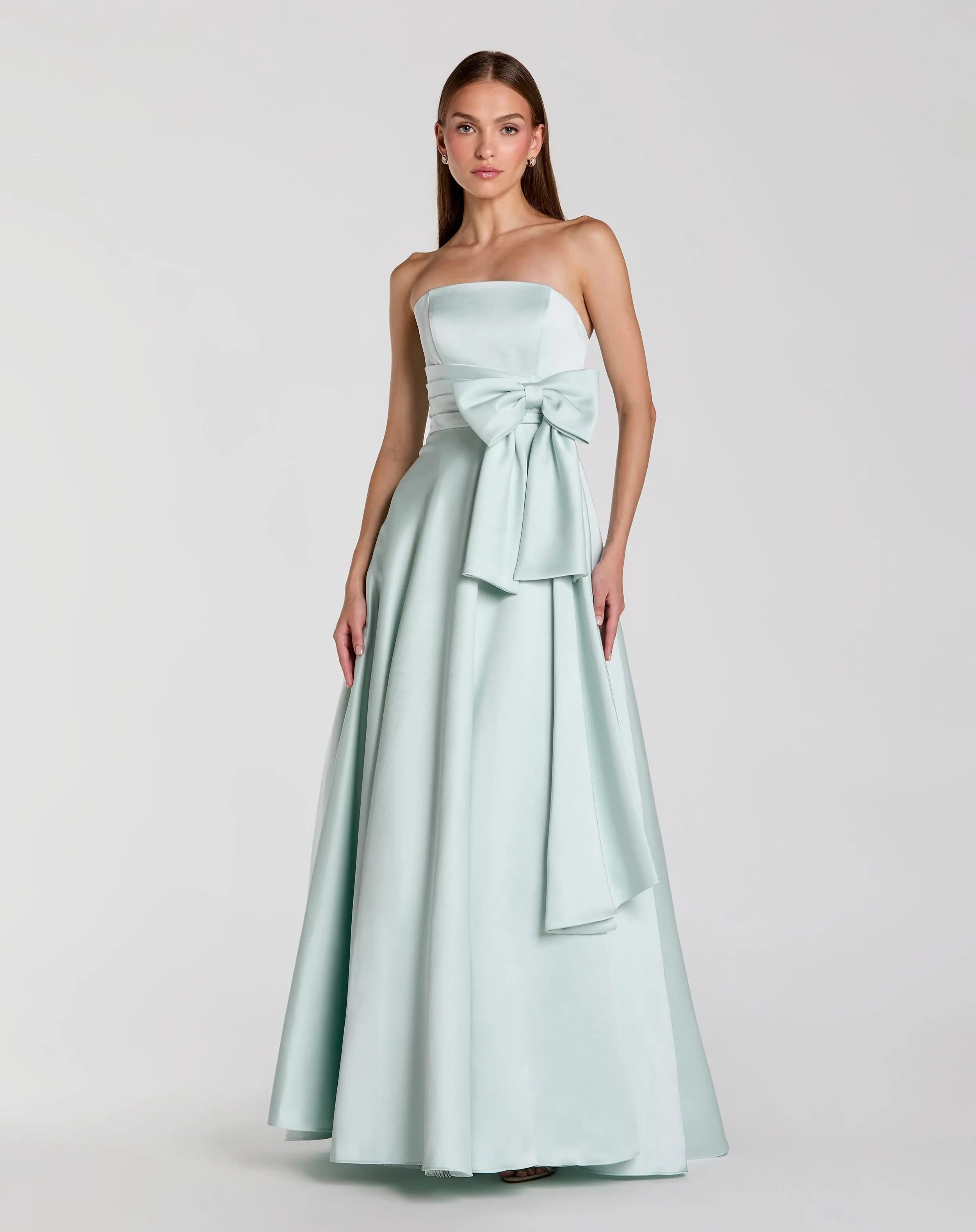 Green Strapless Satin Ball Gown with Bow Detail