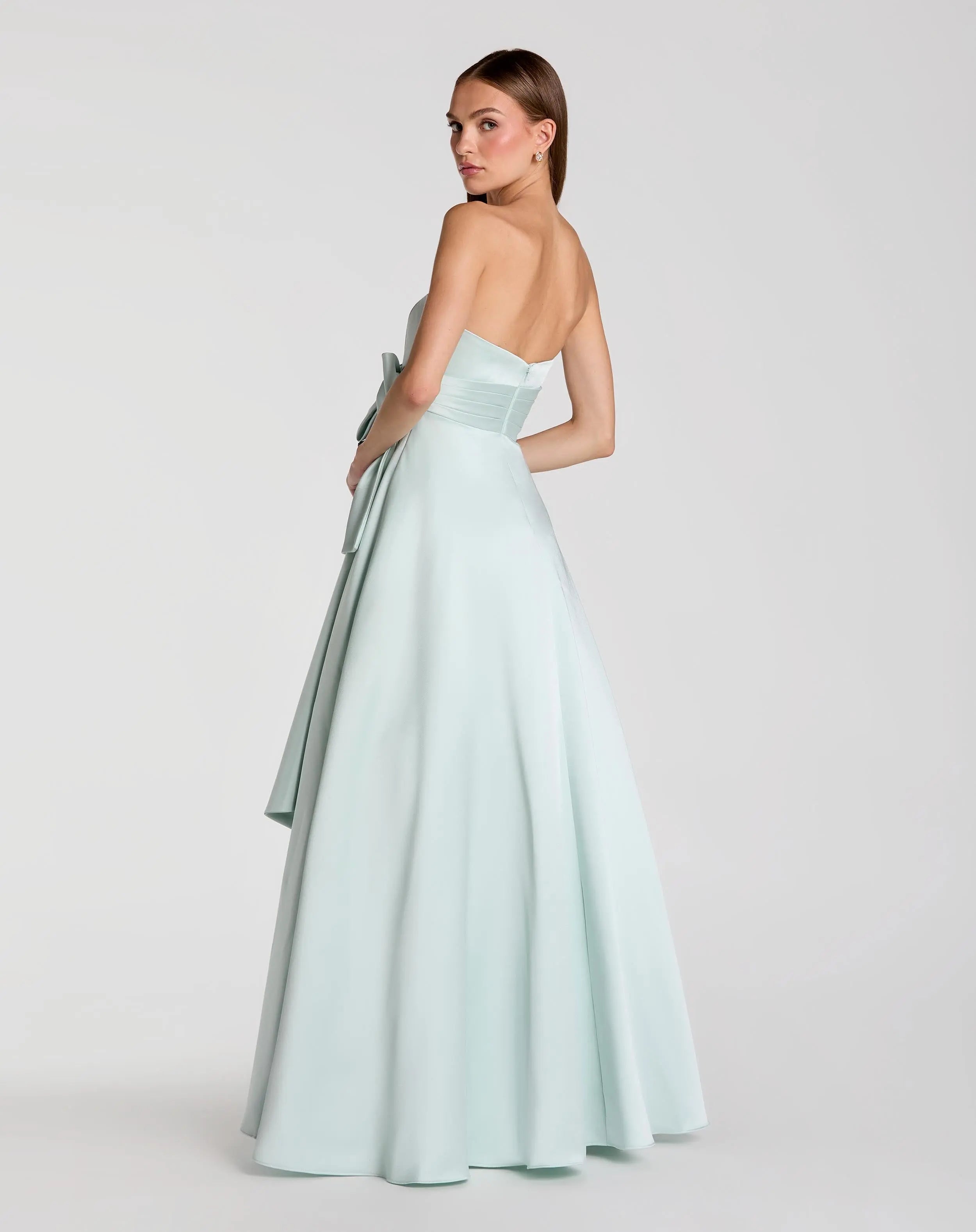 Green Strapless Satin Ball Gown with Bow Detail