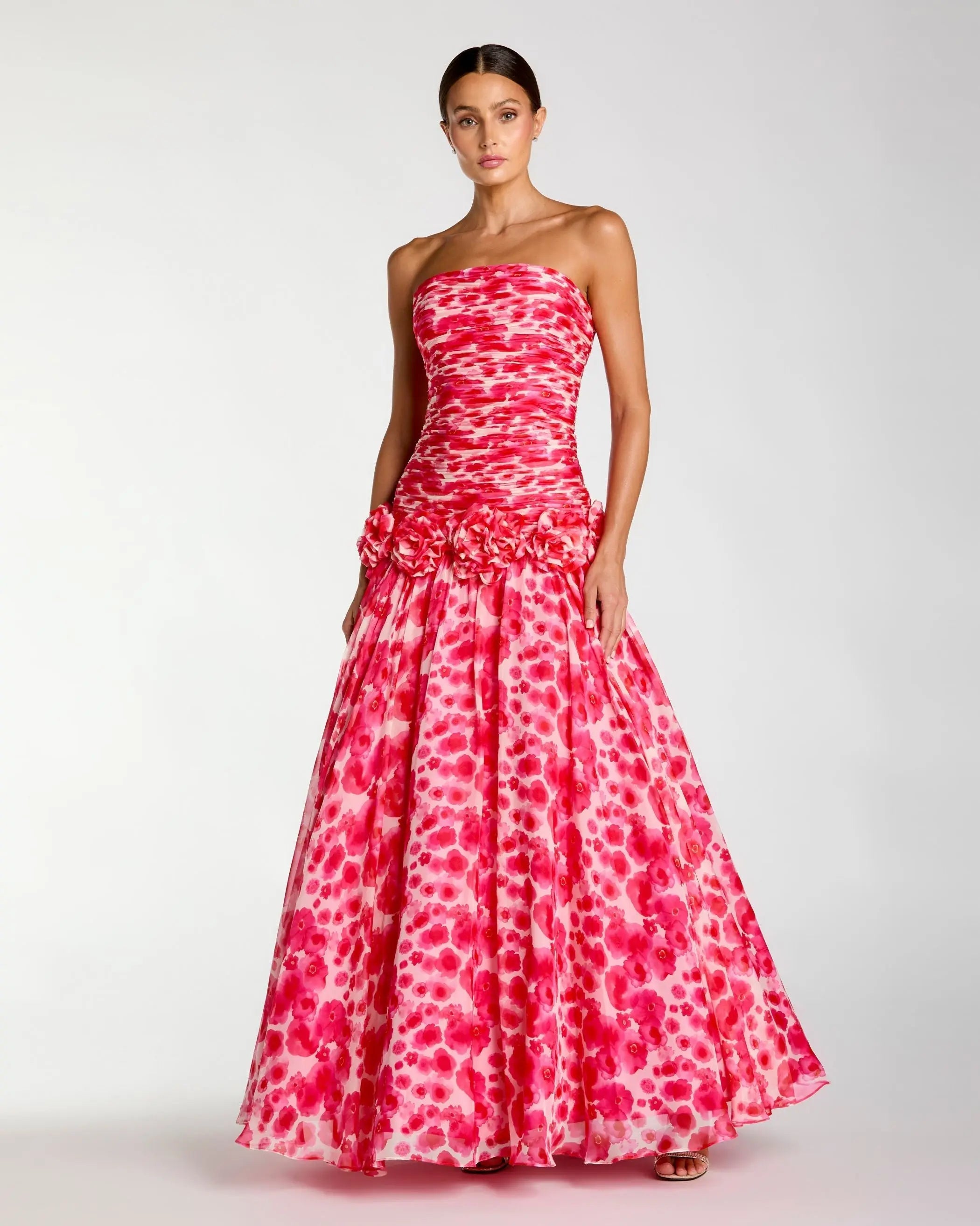 Pink Strapless Chiffon Ballgown with 3D Flowers