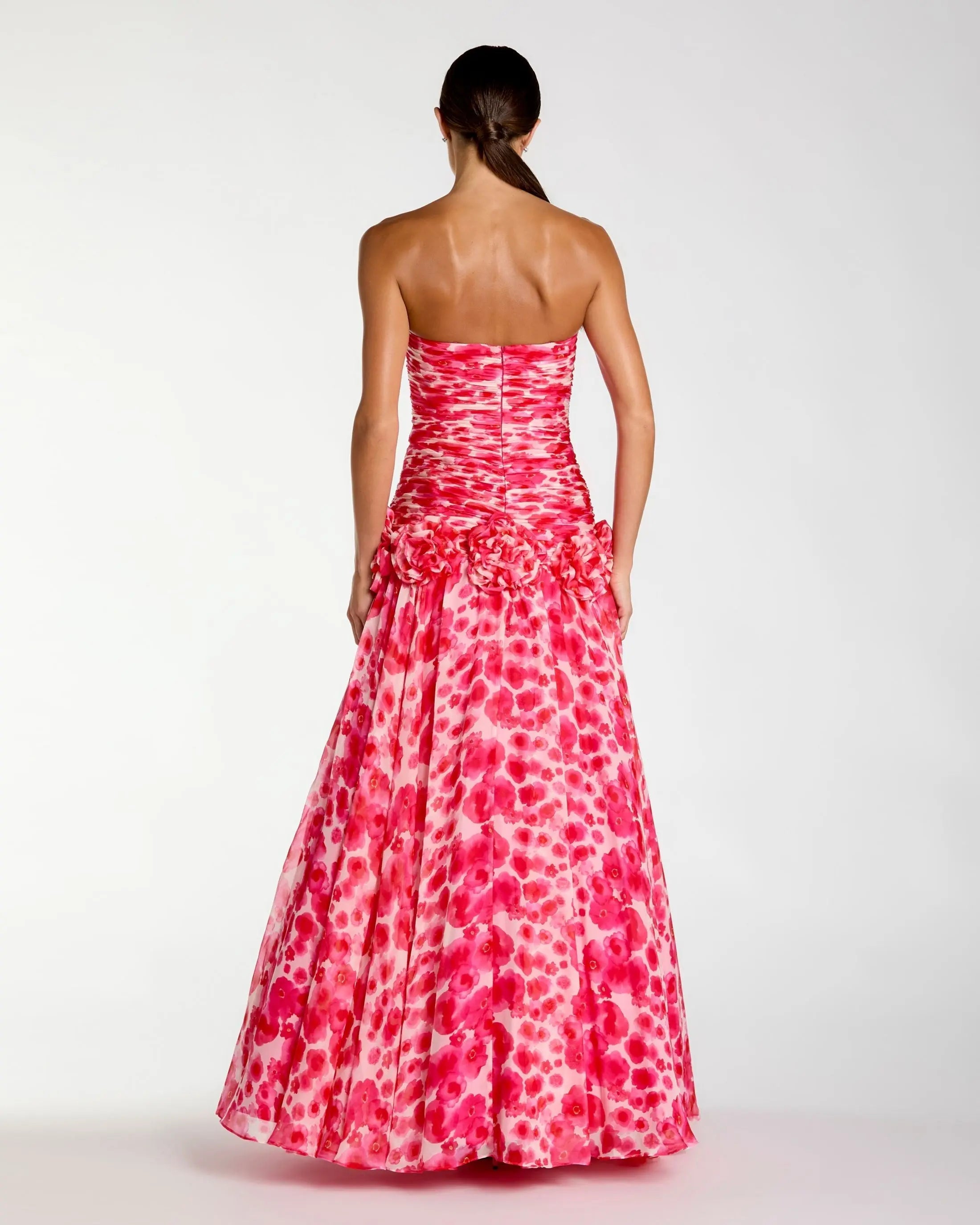 Pink Strapless Chiffon Ballgown with 3D Flowers