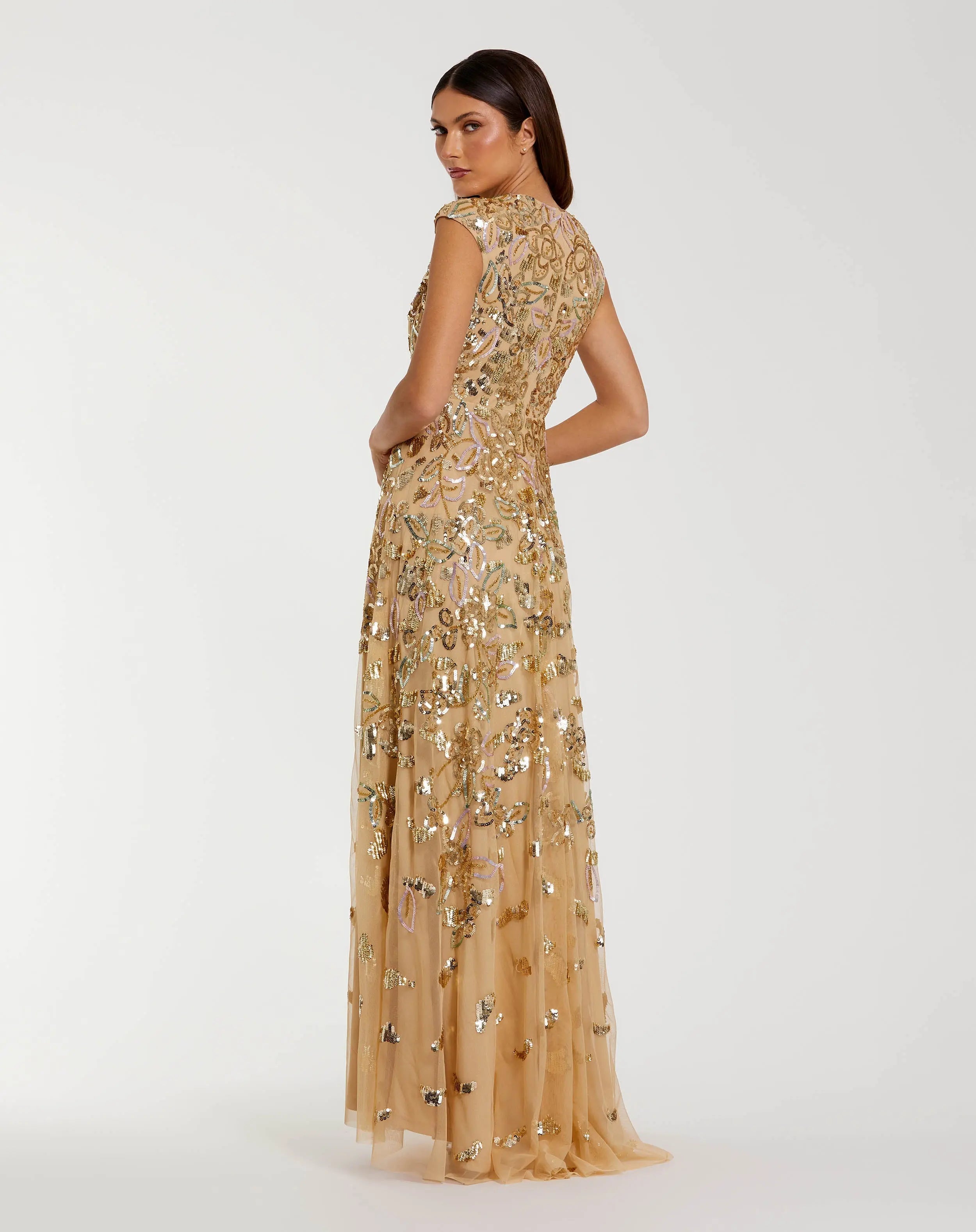 Gold Sequin High Neck Cap Sleeve A Line Gown
