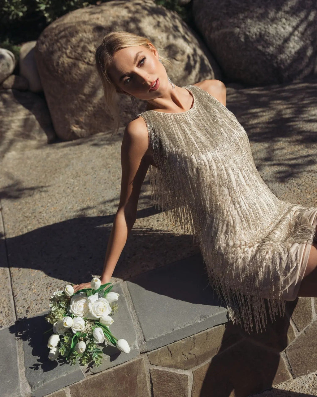 Ivory Beaded Fringe Mini Dress