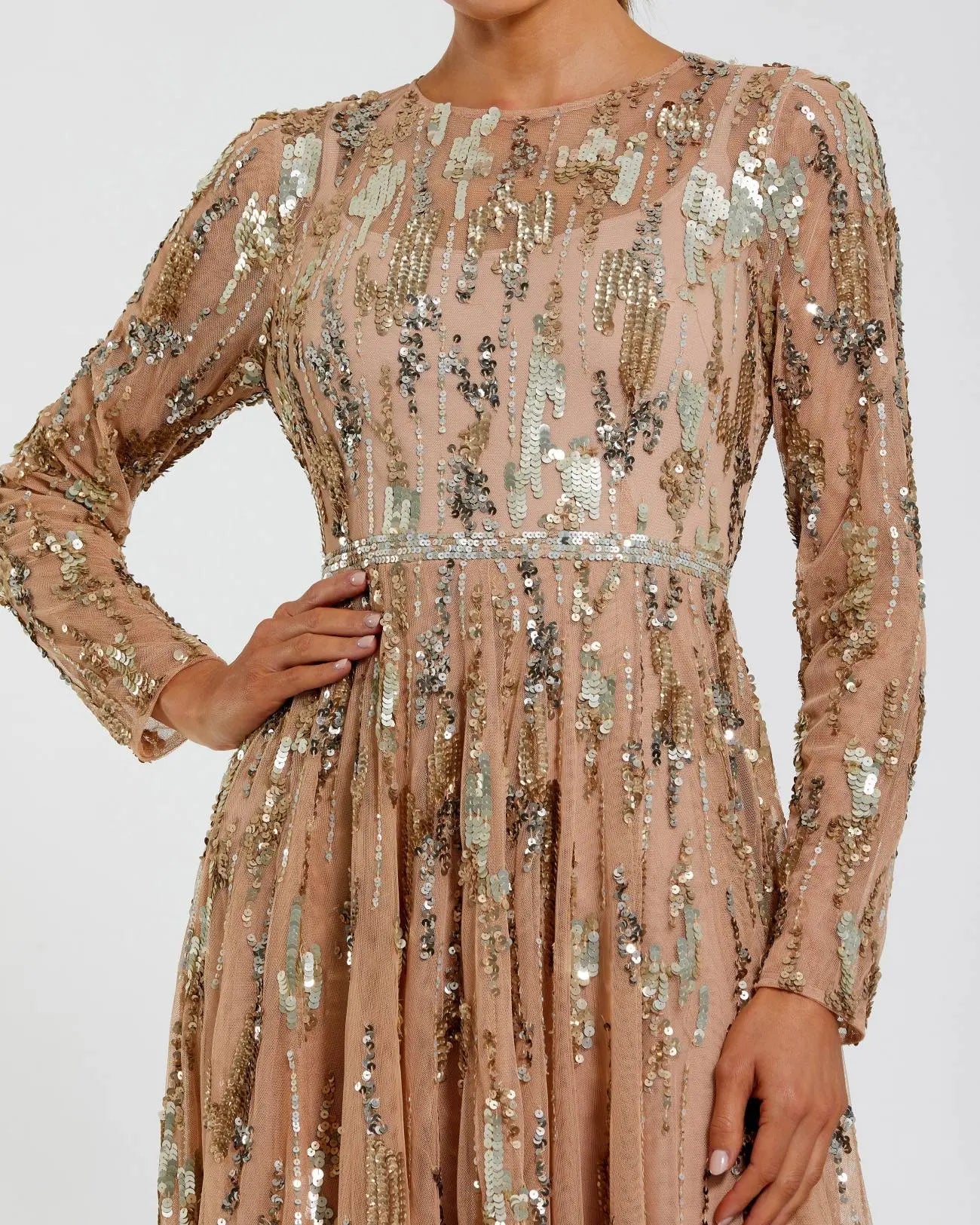 Beige Long Sleeve Sequin Embellished Gown