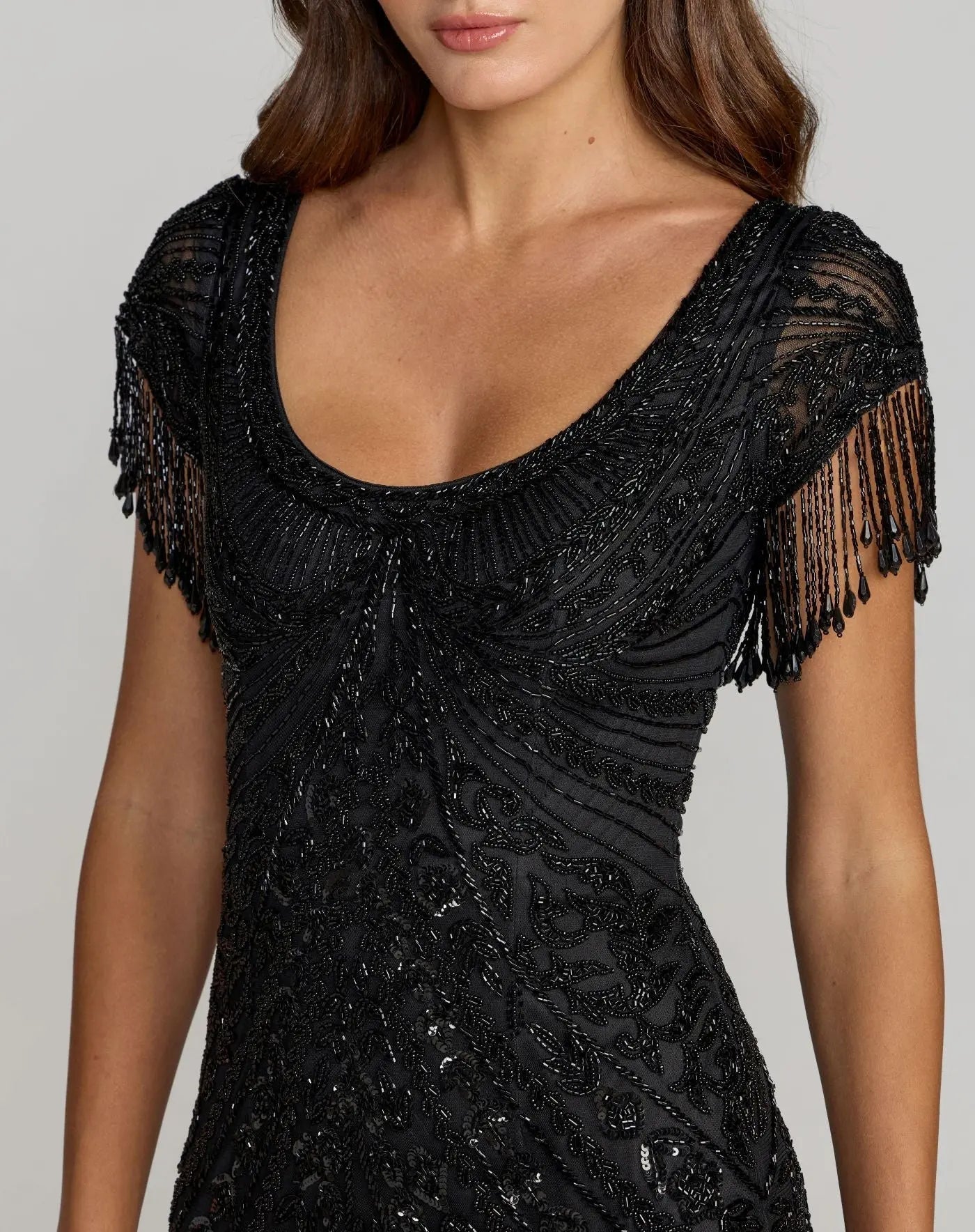 Black Cap Sleeve Beaded Fringe Column Gown