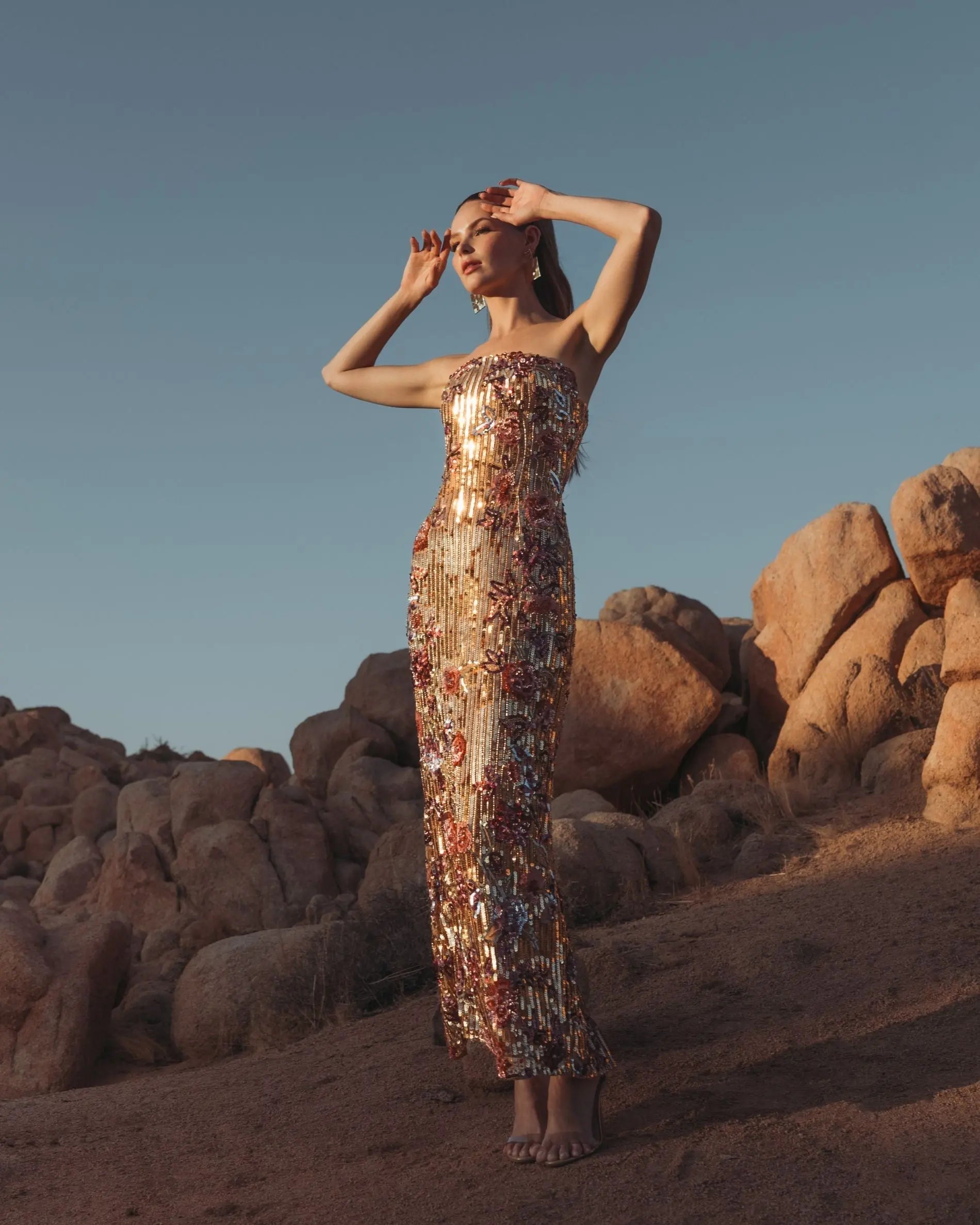 Gold Floral Embellished Strapless Column Dress