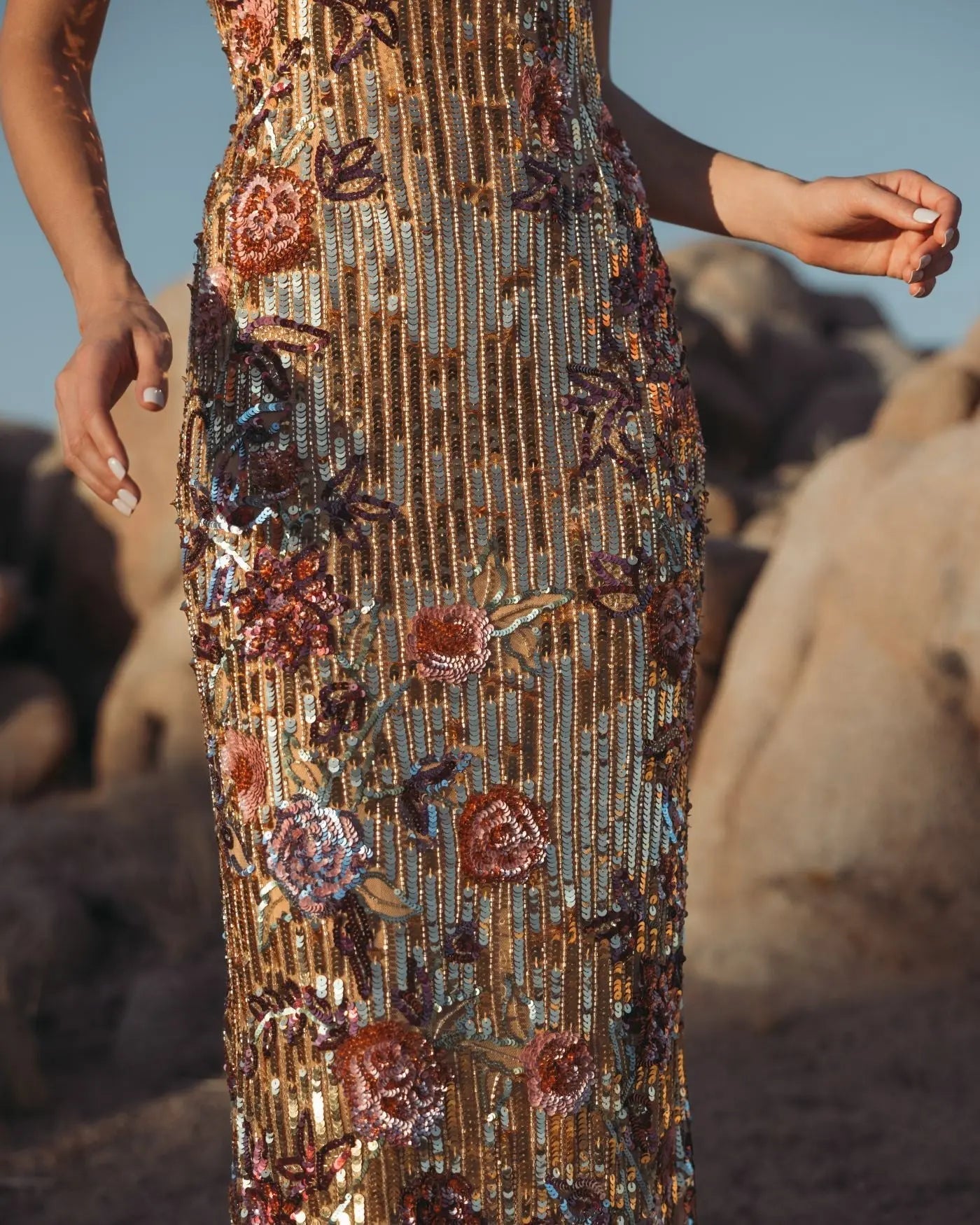 Gold Floral Embellished Strapless Column Dress