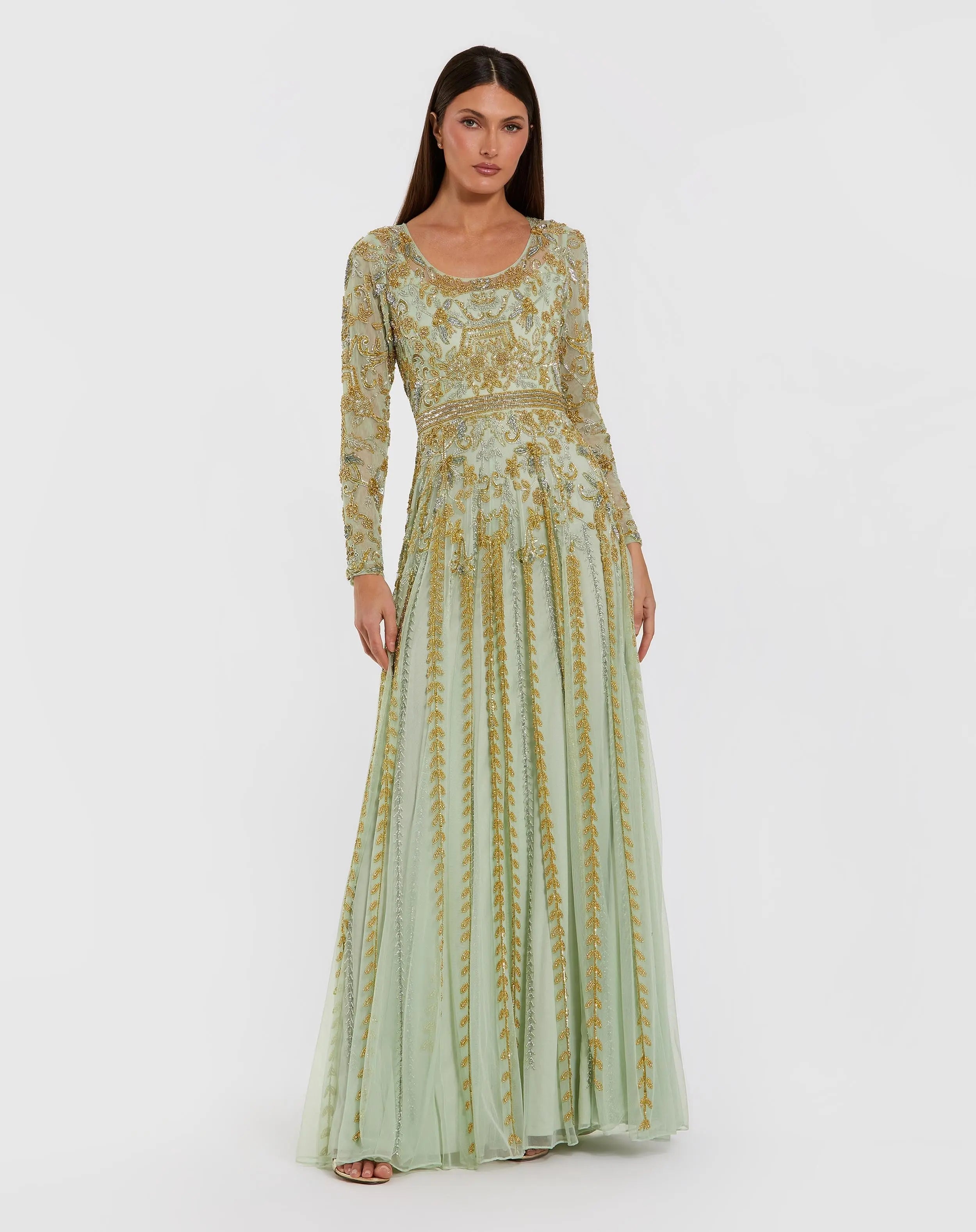 Green Beaded Long Sleeve Scoop Neck A Line Gown