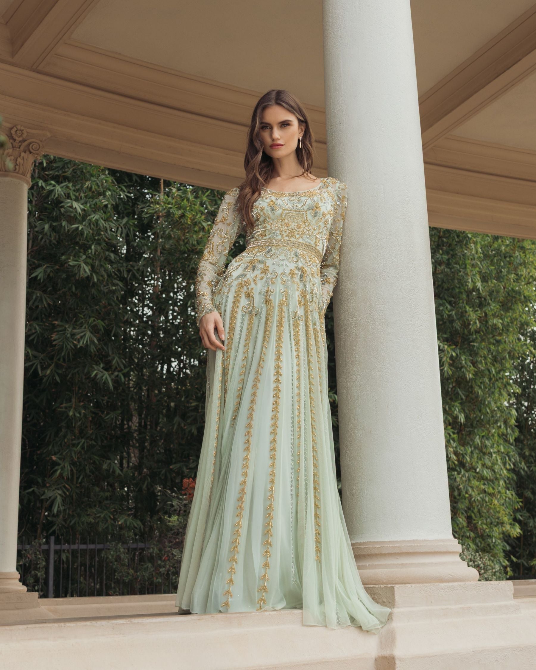 Green Beaded Long Sleeve Scoop Neck A Line Gown