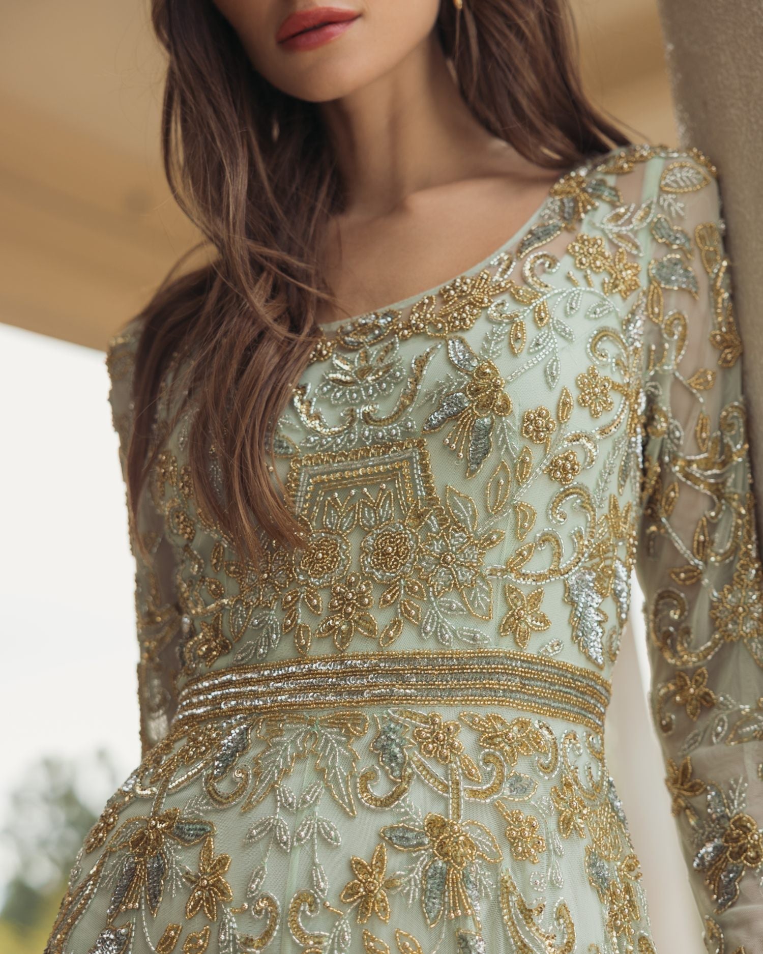 Green Beaded Long Sleeve Scoop Neck A Line Gown